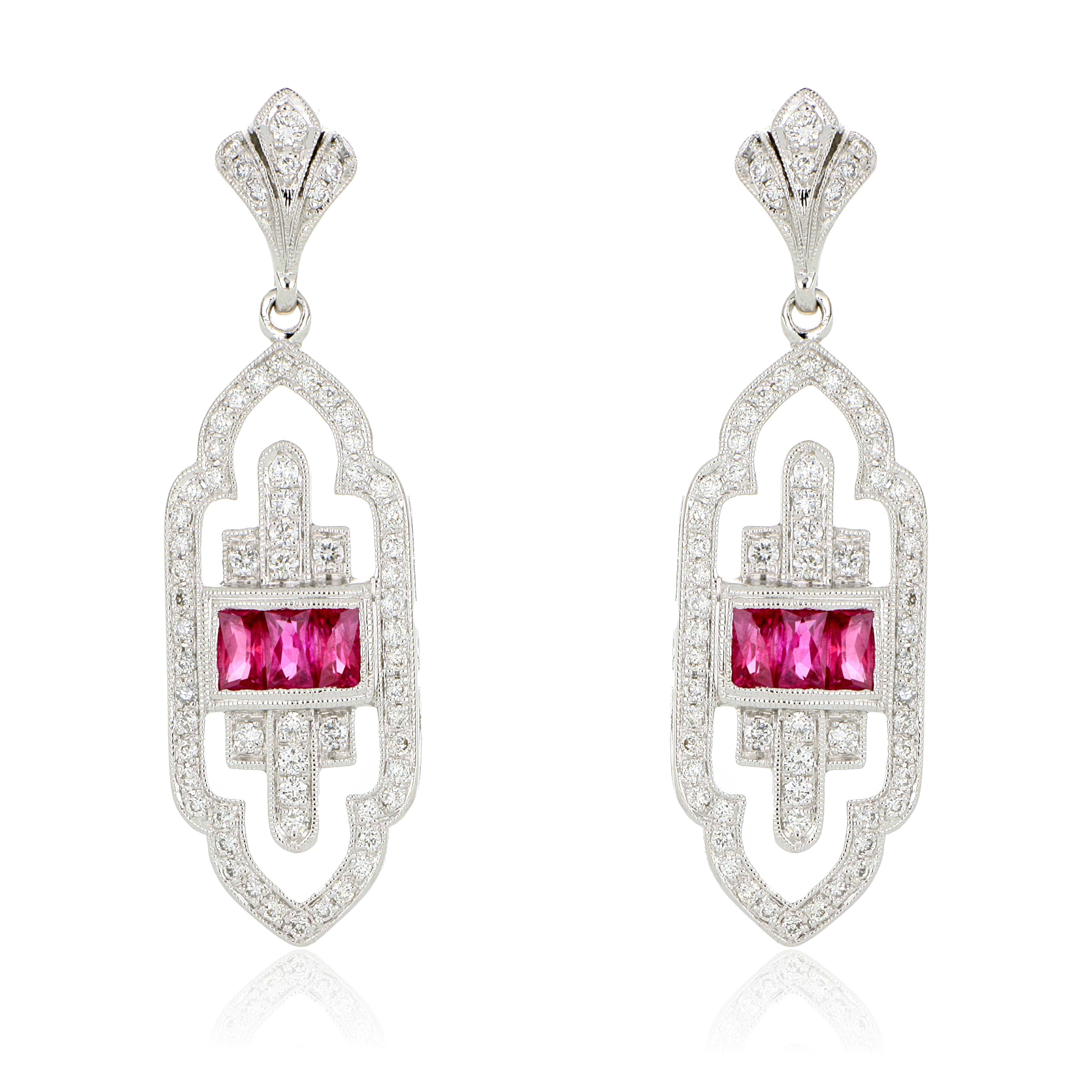 18k White Gold Ruby and Diamond Dangle Earrings - Charles Koll Jewelers