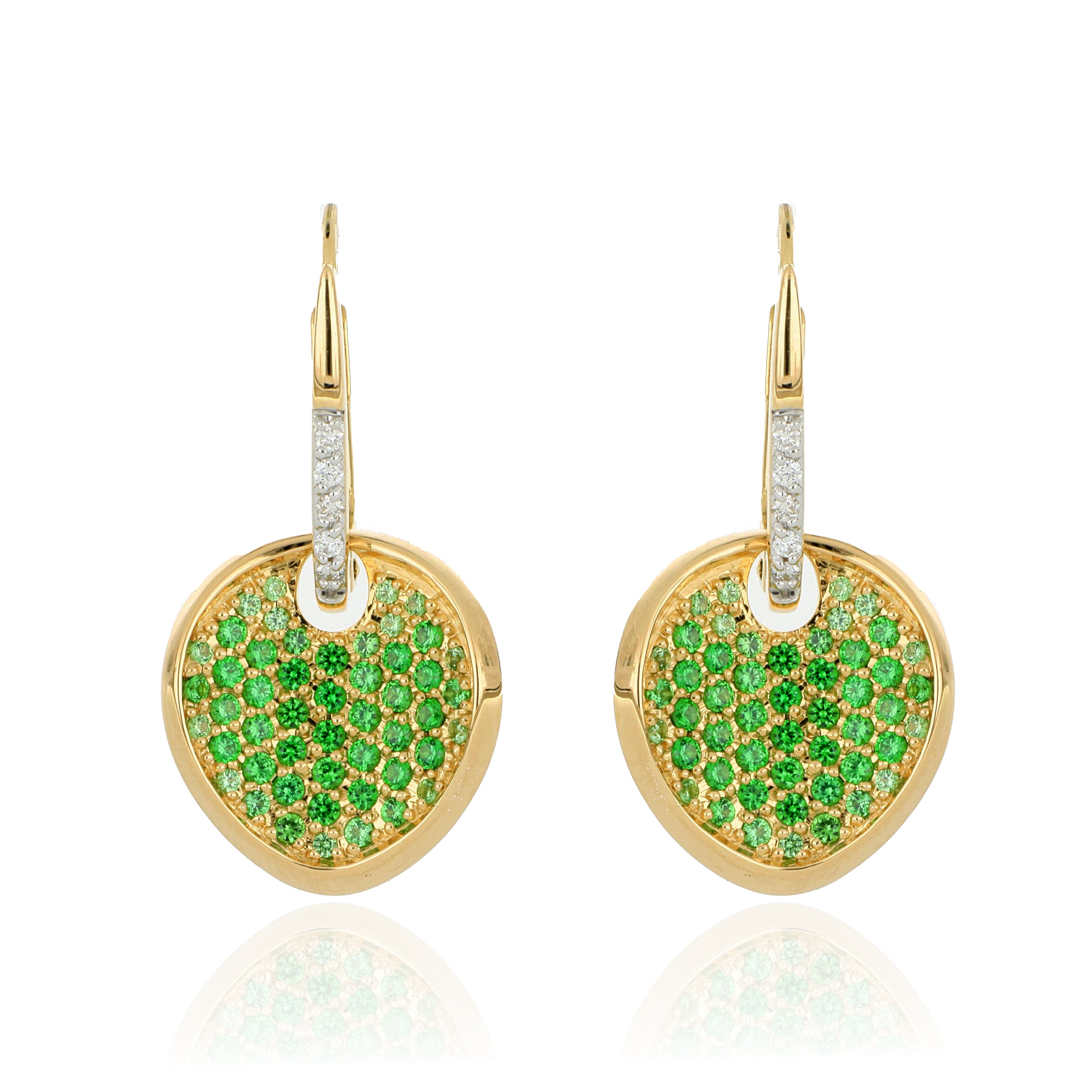 18k Yellow Gold Tsavorite and Diamond Concave Disk Earrings