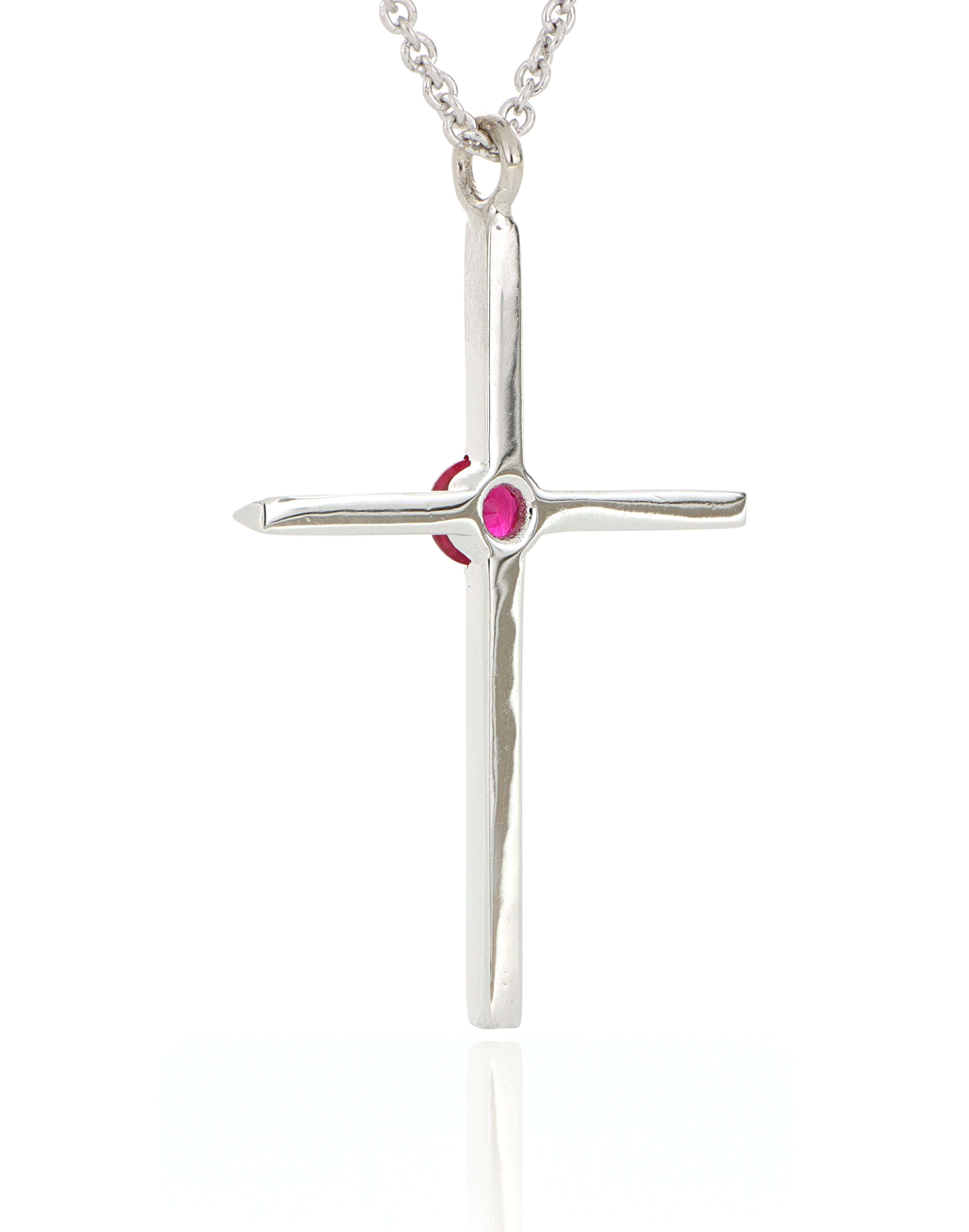 18k White Gold Knife Edge Cross with Ruby Center Necklace