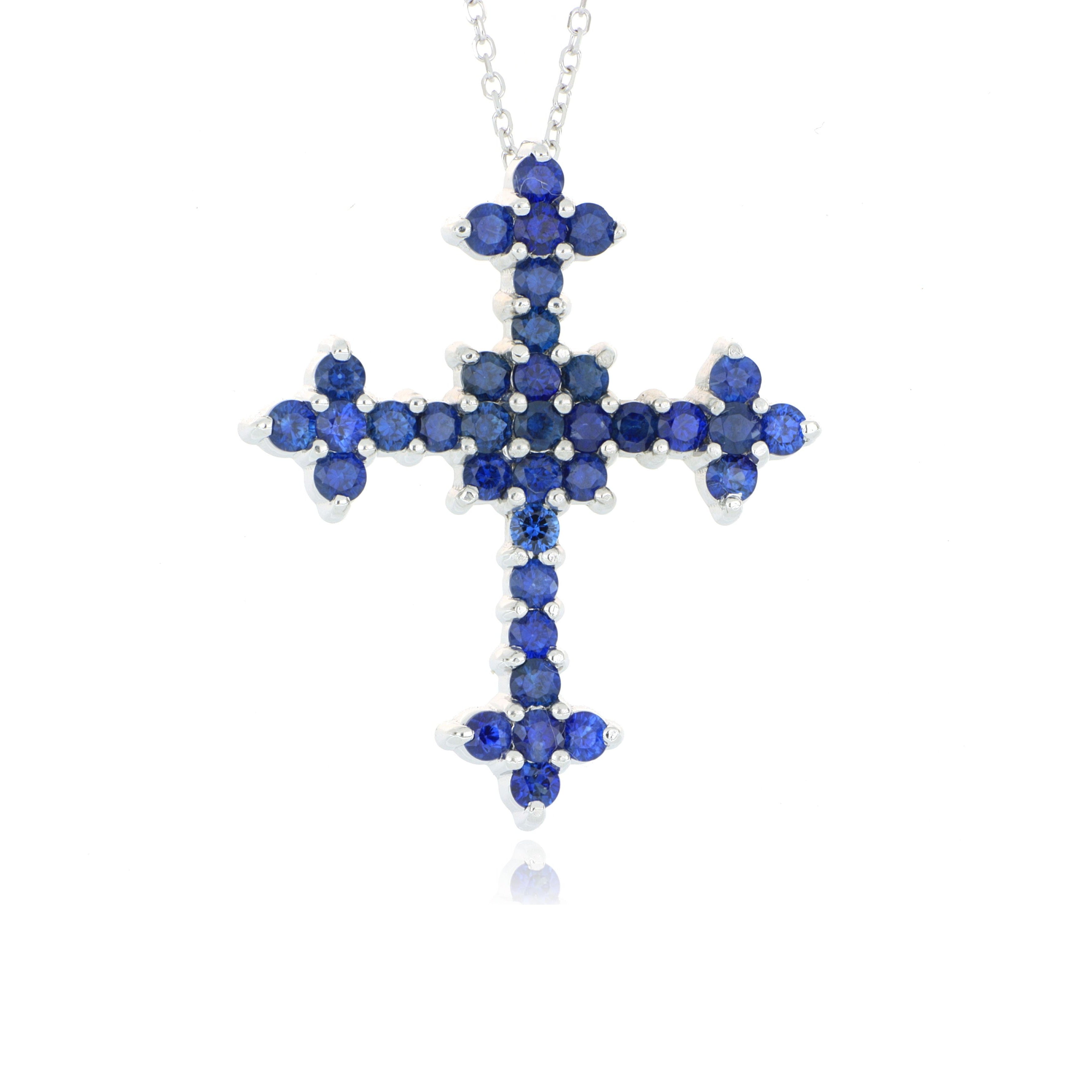 18k&14k White Gold Blue Sapphire Cross Necklace