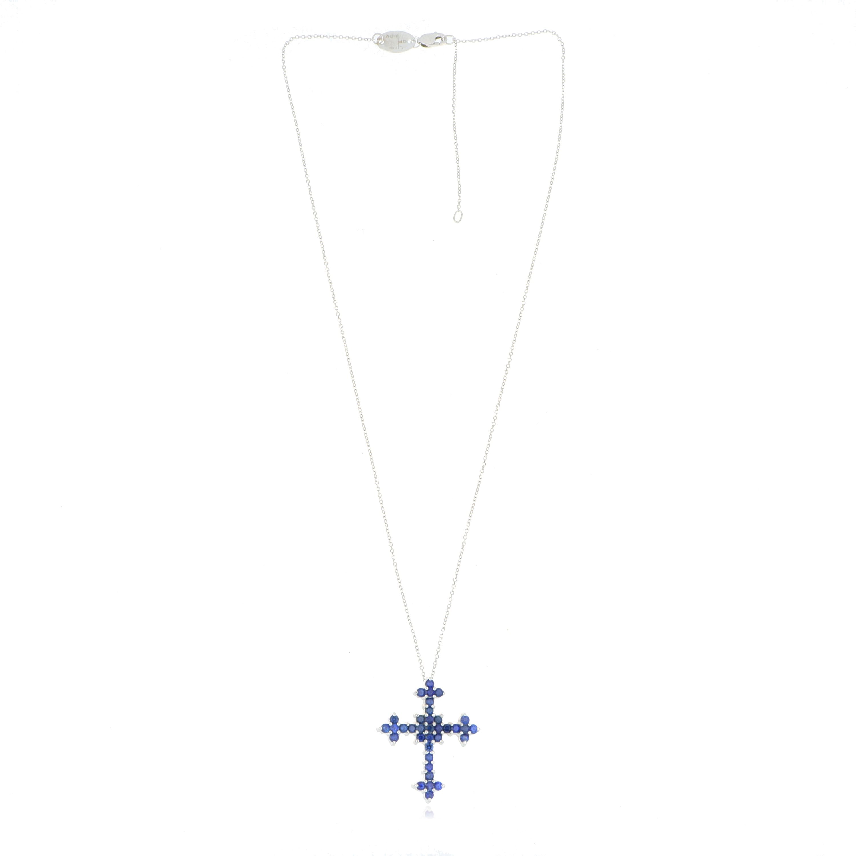 18k&14k White Gold Blue Sapphire Cross Necklace