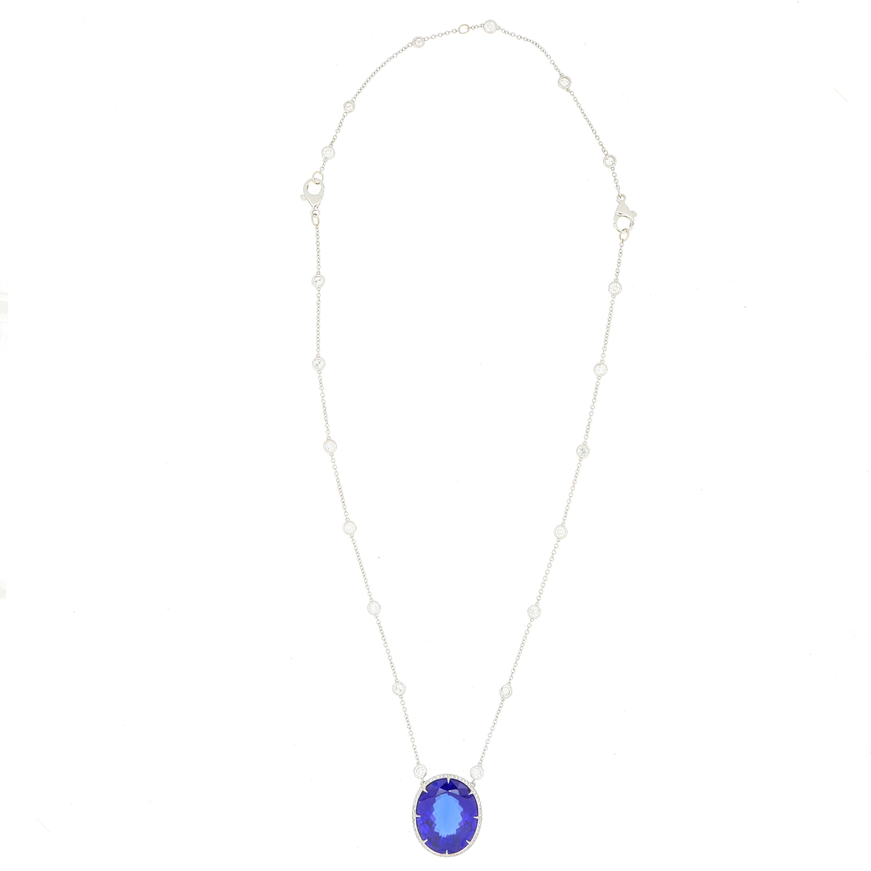 18k White Gold Large Tanzanite and Diamond Accented Necklace