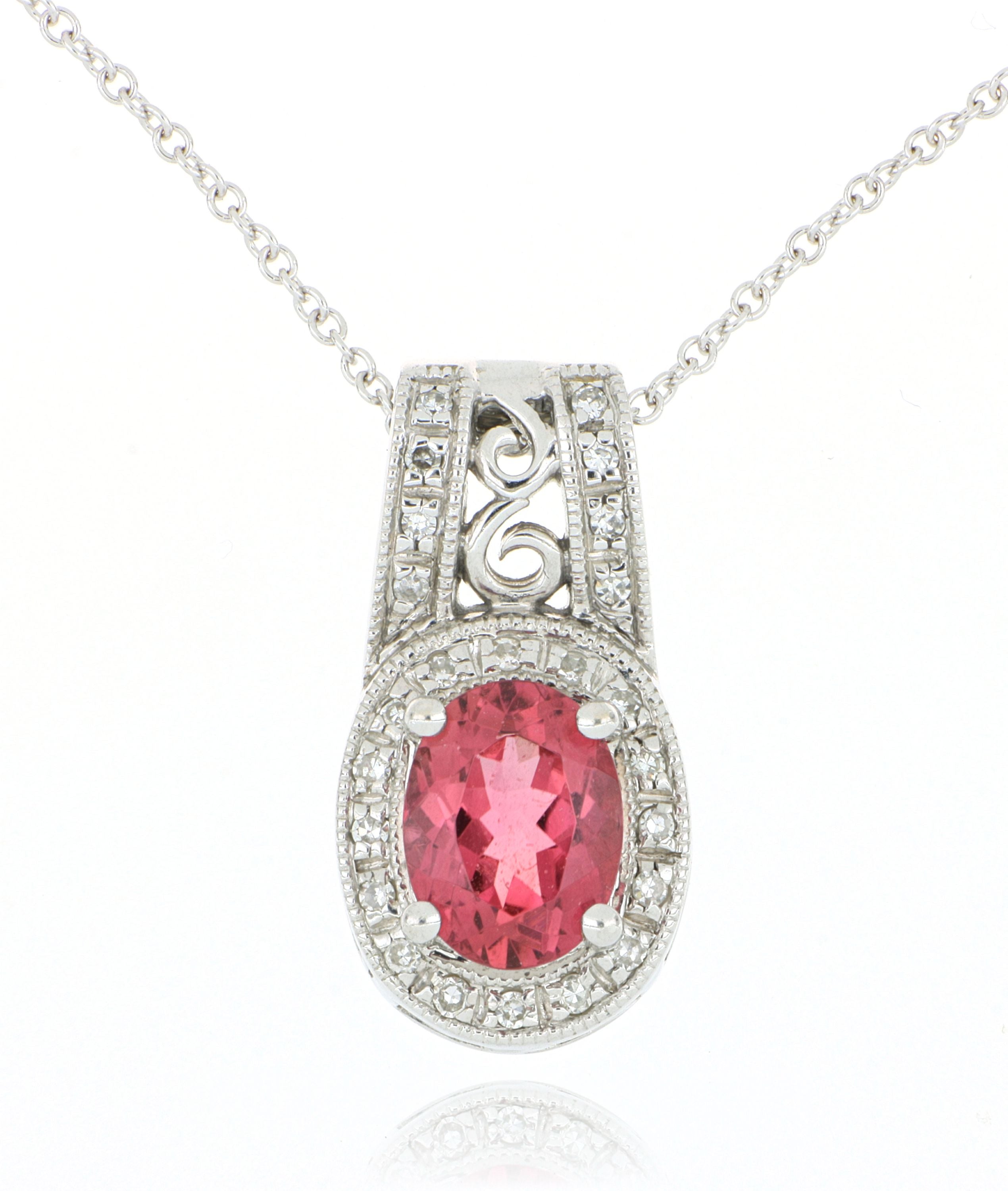 14k White Gold Oval Shaped Diamond Accented Pink Tourmaline and Diamond Necklace - Charles Koll Jewelers