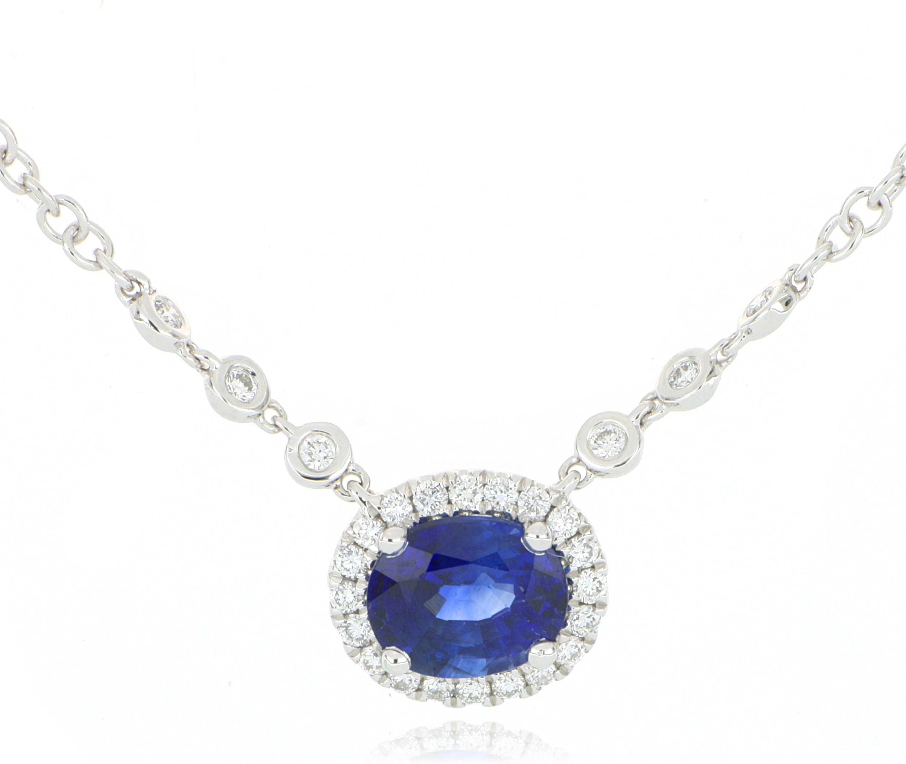 18k White Gold Blue Sapphire Diamond Accented Halo Necklace - Charles Koll Jewelers