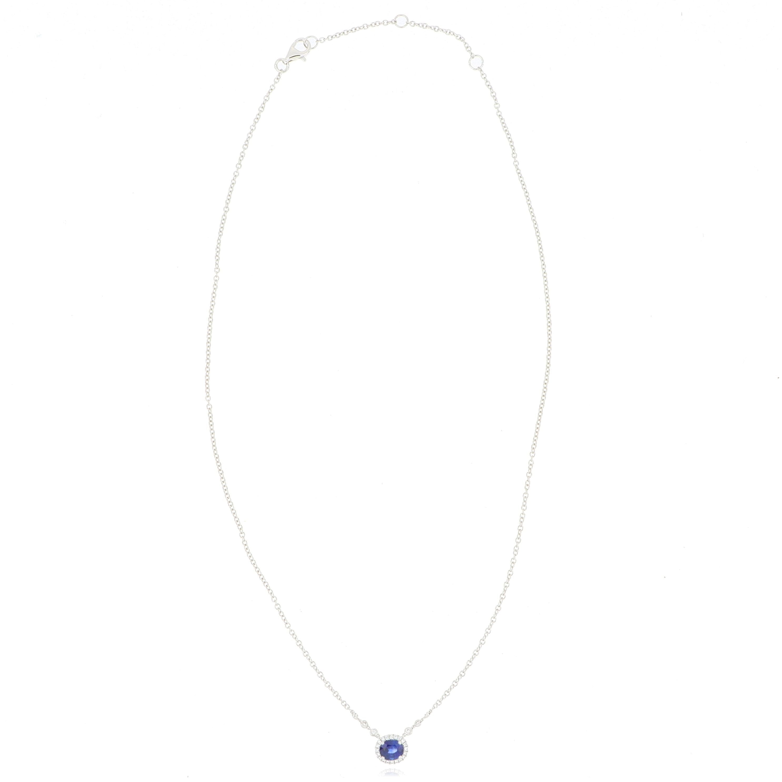 18k White Gold Blue Sapphire Diamond Accented Halo Necklace - Charles Koll Jewelers