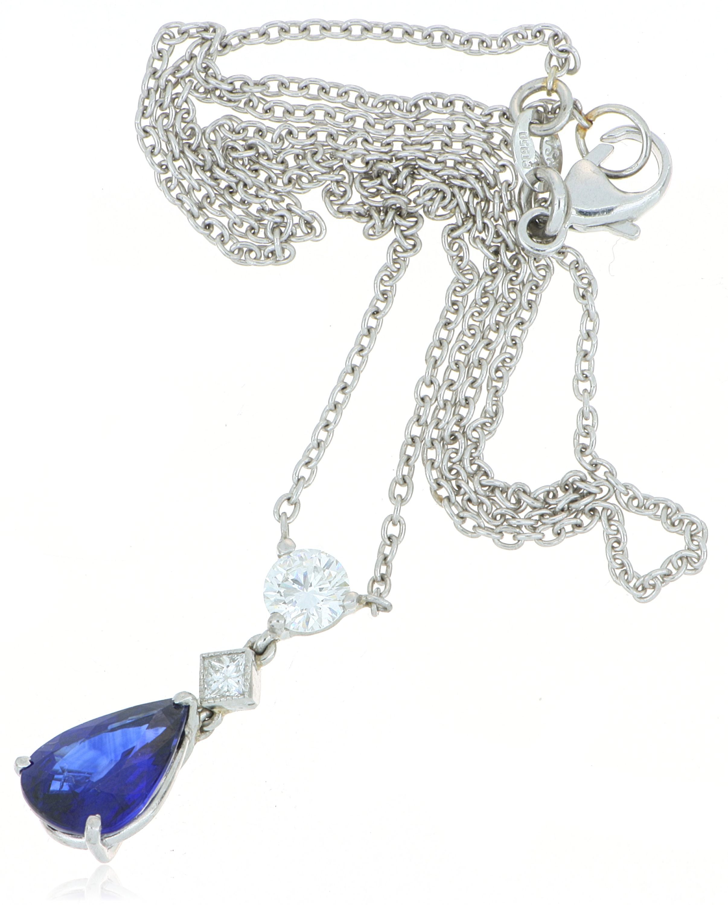 Platinum Pear Shaped Blue Sapphire and Diamond Necklace