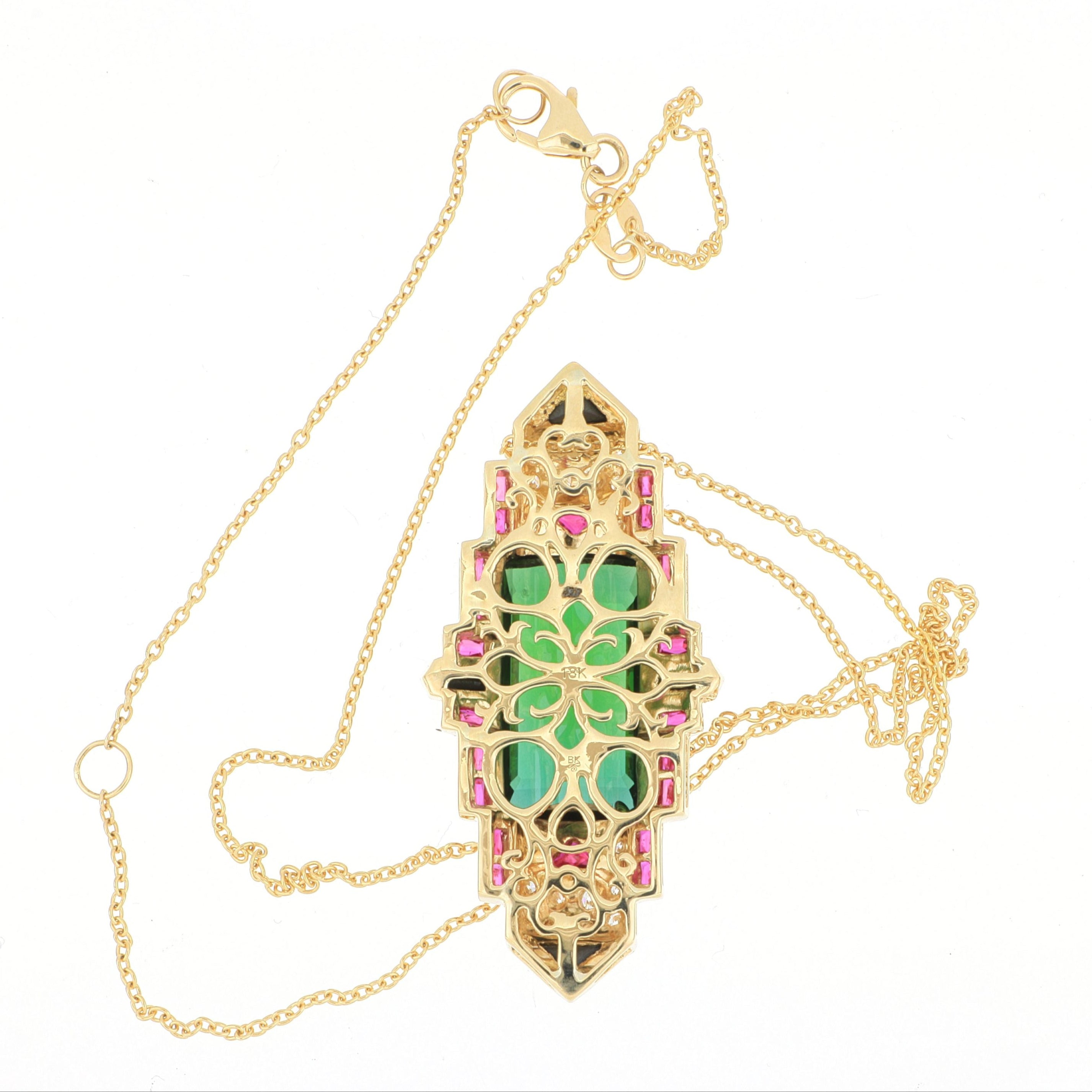18k Yellow Gold Ruby, Onyx and Tourmaline Deco Drop Necklace