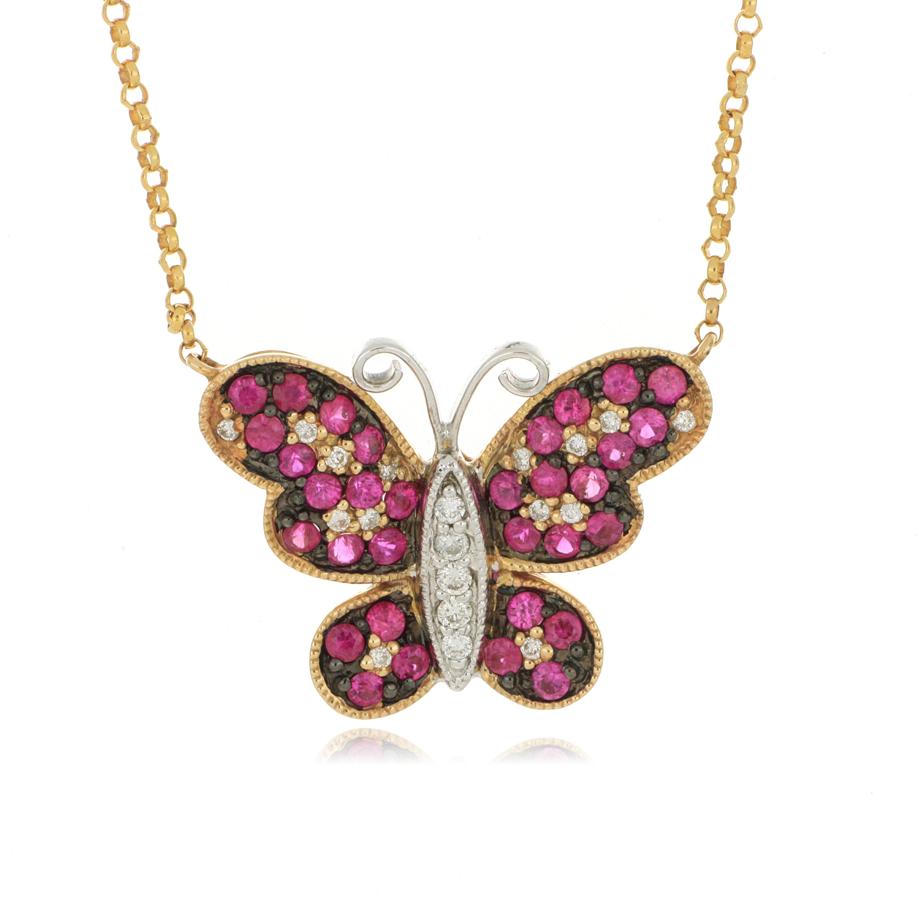 14k Yellow and White Gold Pink Sapphire and Diamond Butterfly Necklace