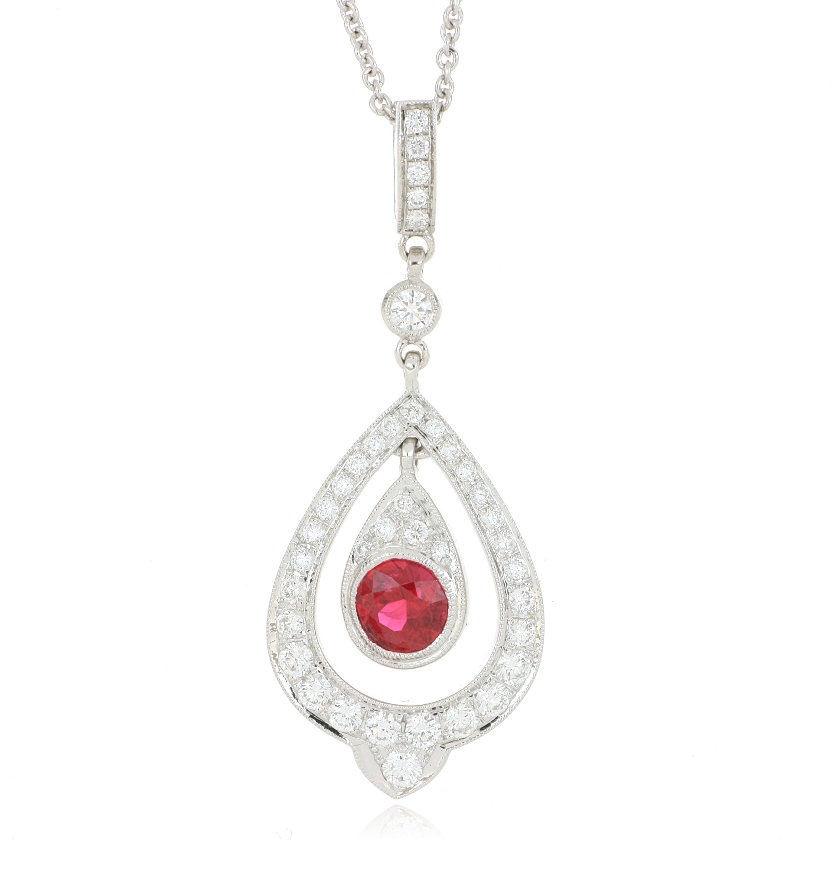 18k White Gold Dancing Ruby and Diamond Pendant