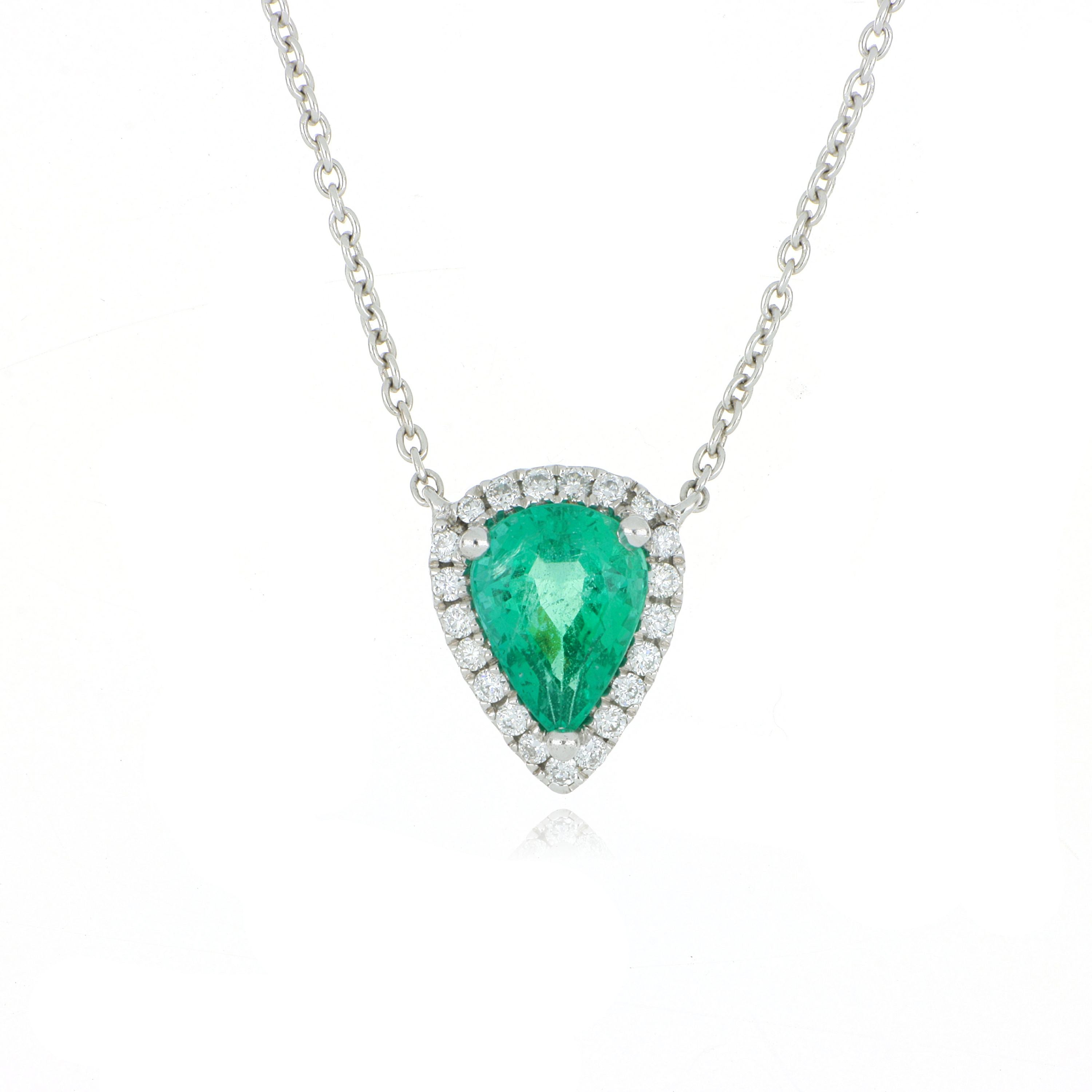 18k White Gold Emerald and Diamond Accented Necklace