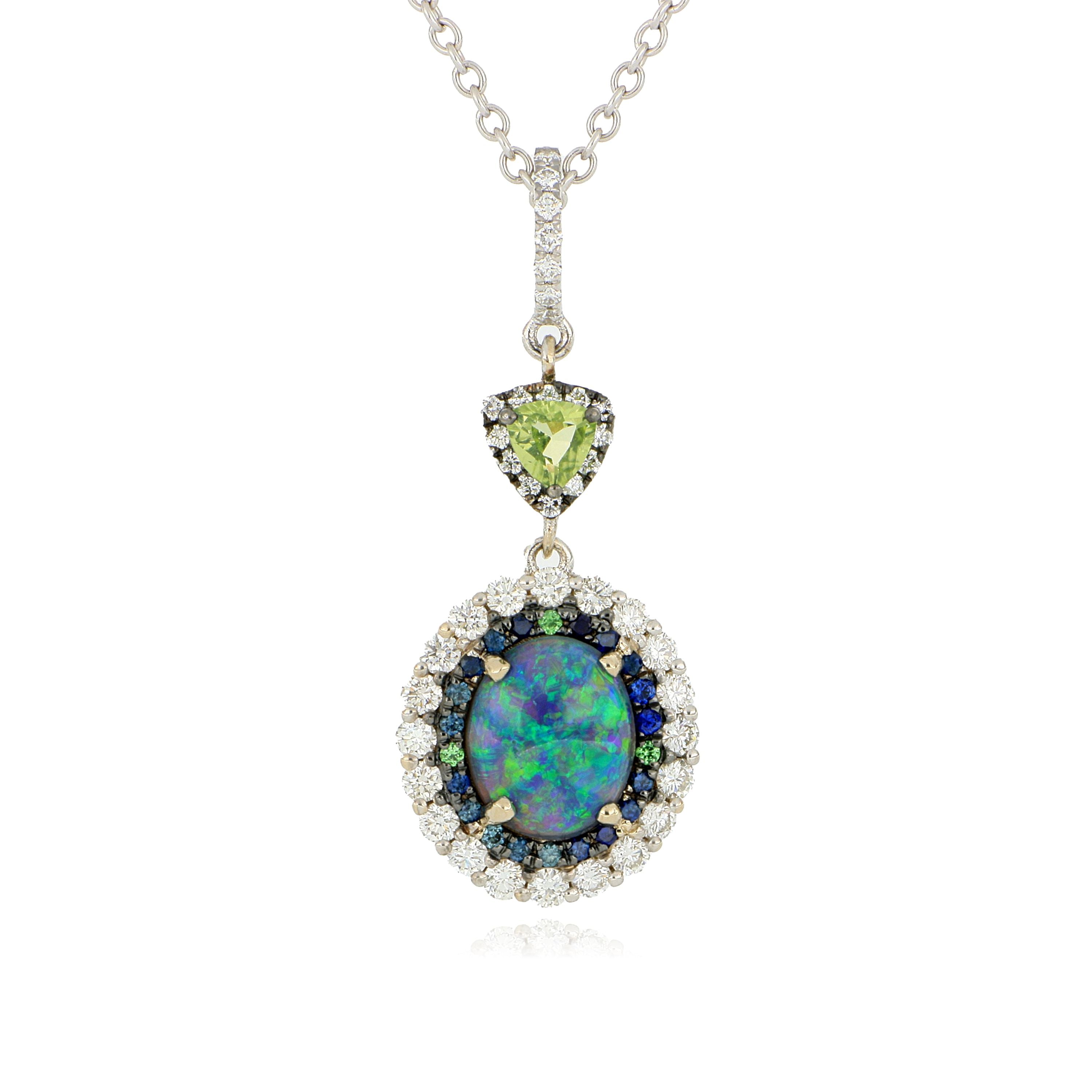 18k White Gold Opal, Sapphire, Tanzanite, Peridot and Diamond Pendant