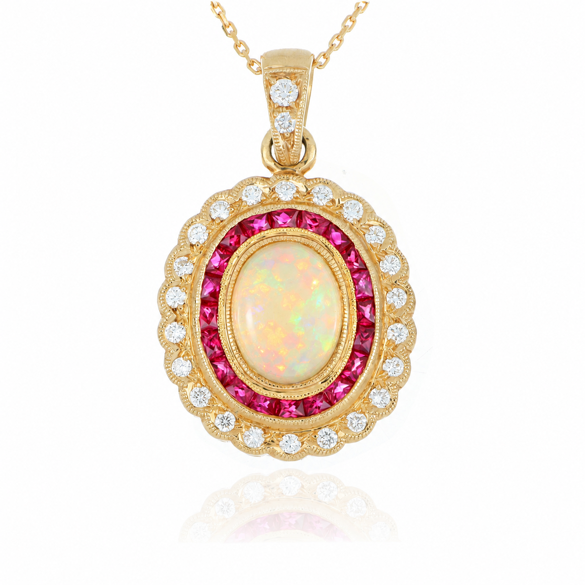 14k Yellow Gold Opal, Ruby and Diamond Pendant