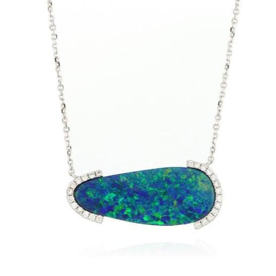 14k White Gold Freeform Opal and Diamond Accented Necklace