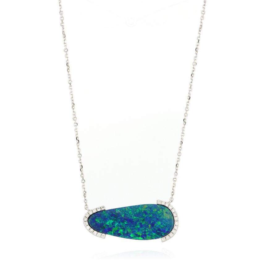 14k White Gold Freeform Opal and Diamond Accented Necklace