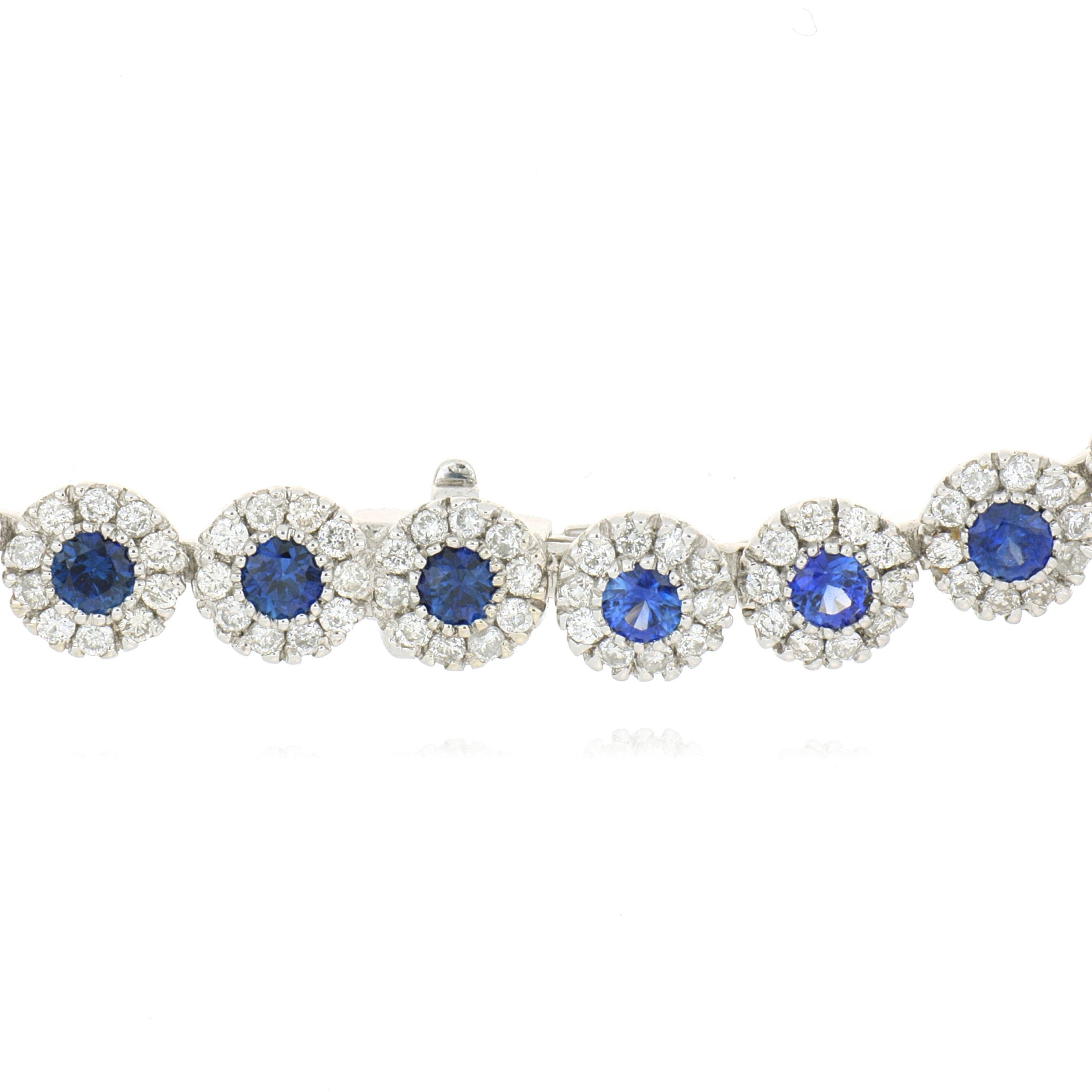 14k White Gold Blue Sapphire and Diamond Halo Tennis Necklace - Charles Koll Jewelers