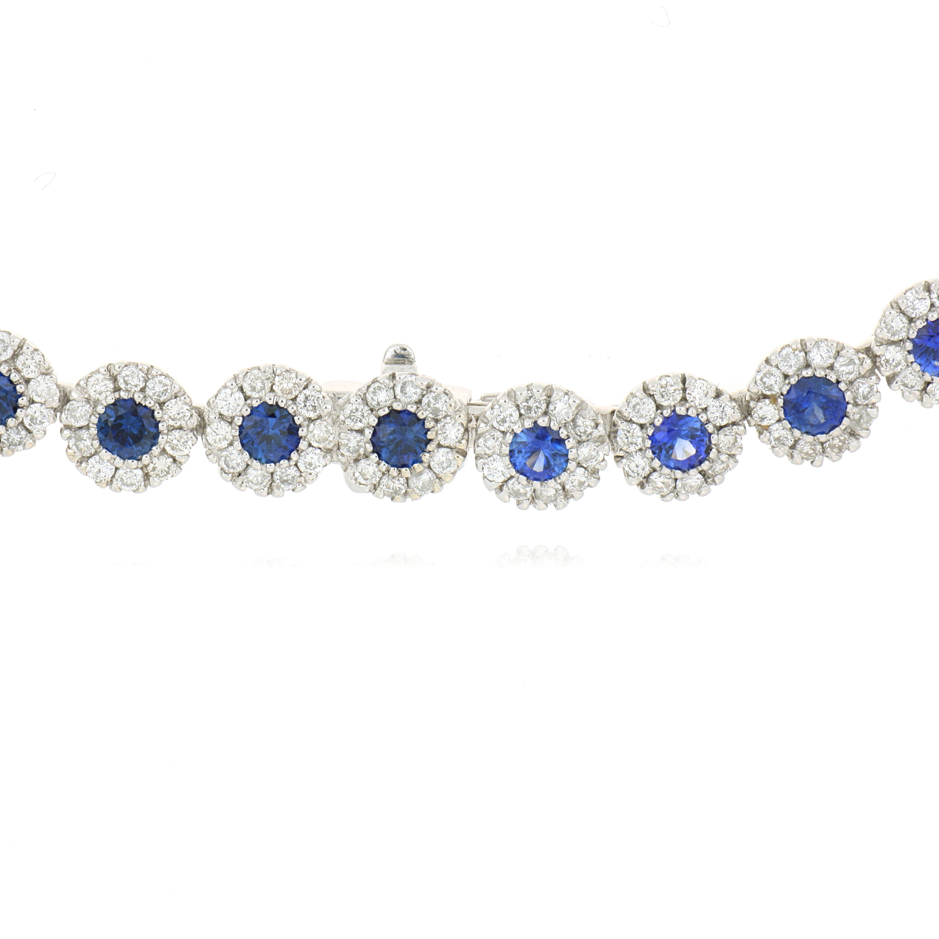 14k White Gold Blue Sapphire and Diamond Halo Tennis Necklace - Charles Koll Jewelers