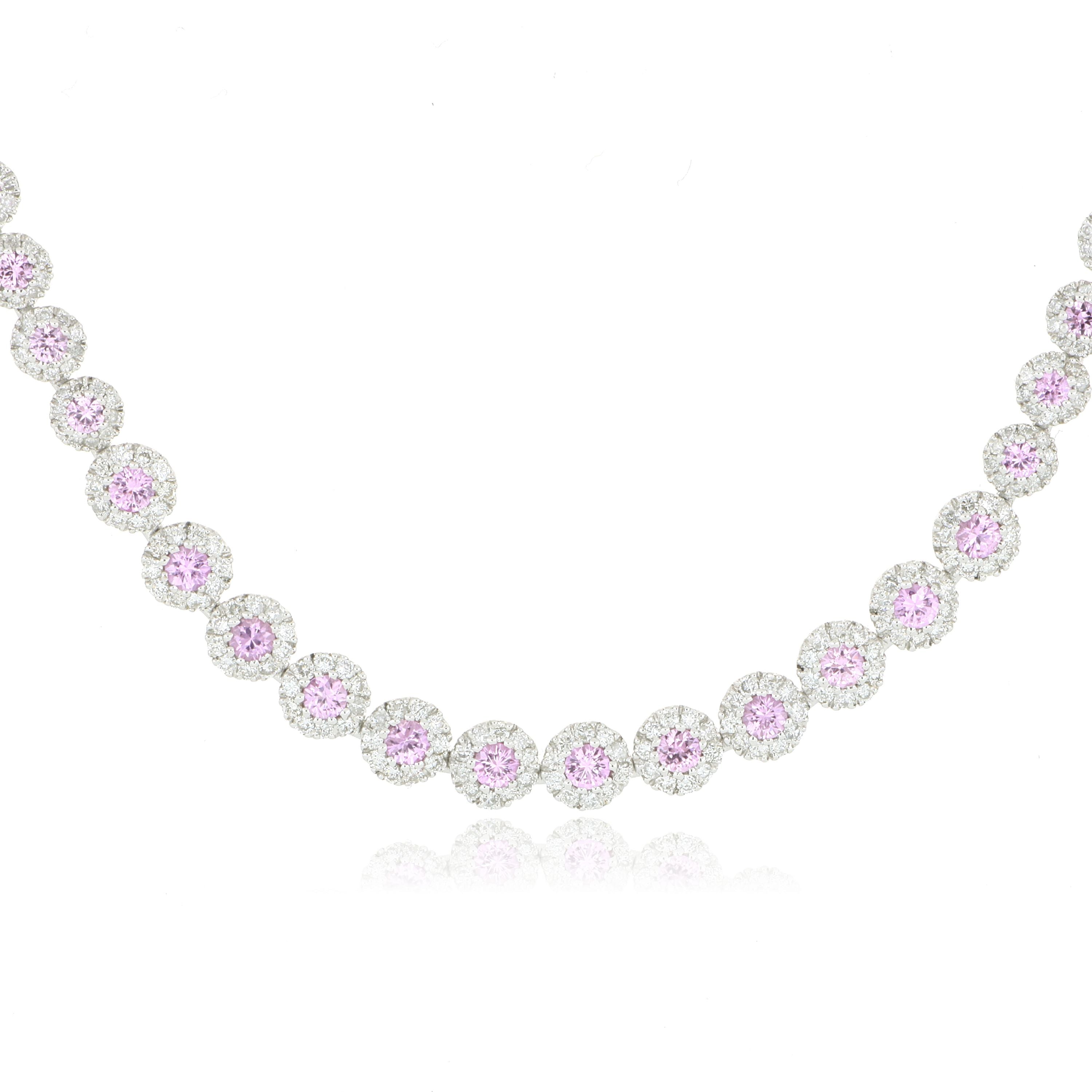 18k White Gold Pink Sapphire and Diamond Halo Necklace