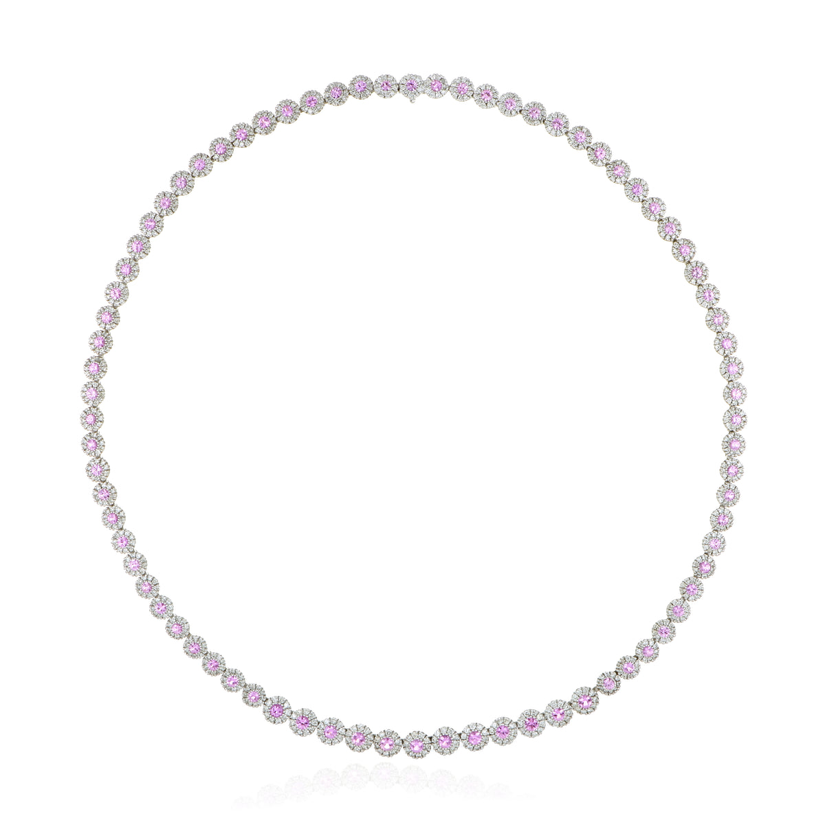 14k White Gold Pink Sapphire and Diamond Halo Necklace