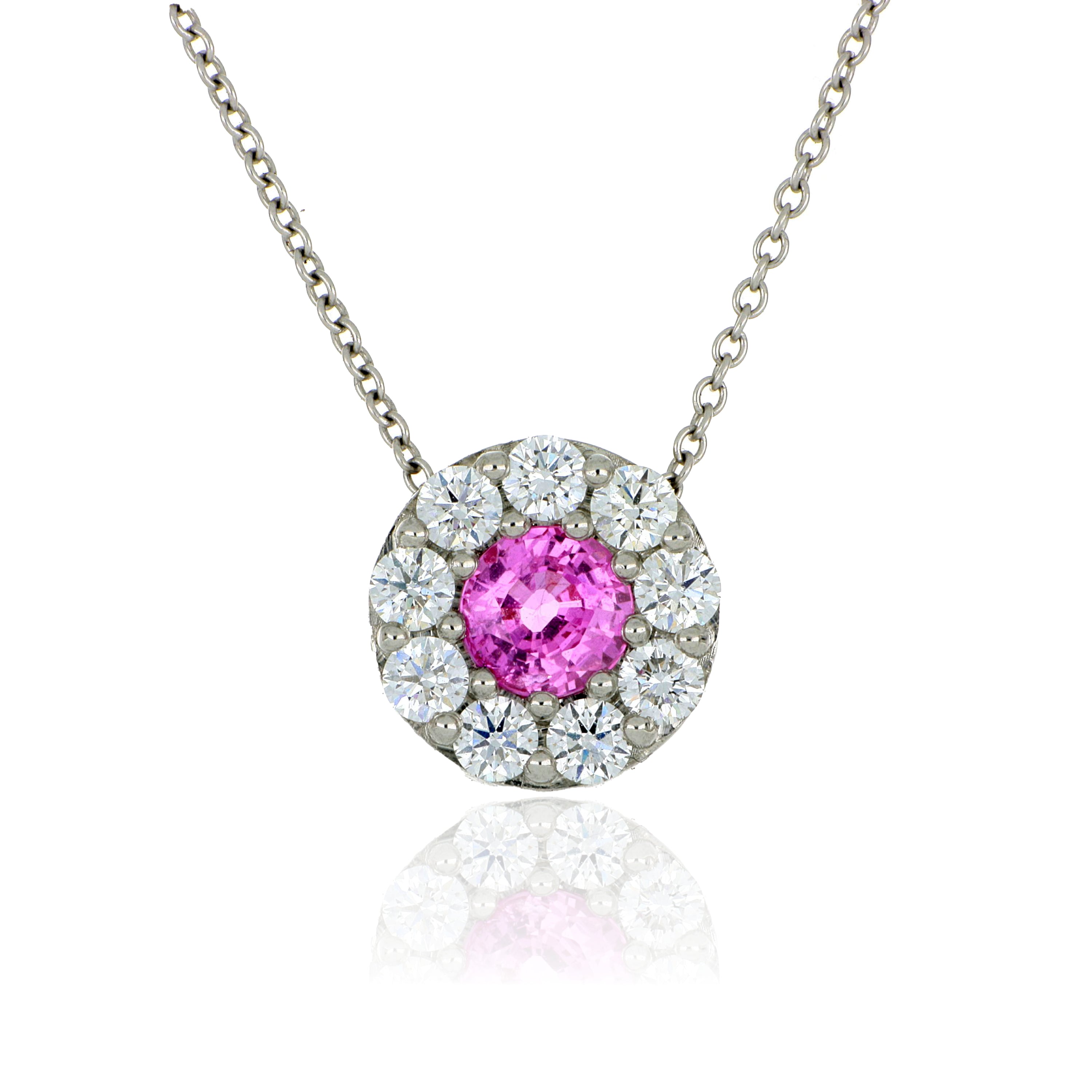 Platinum and 18k White Gold Pink Sapphire and Diamond Halo Pendant