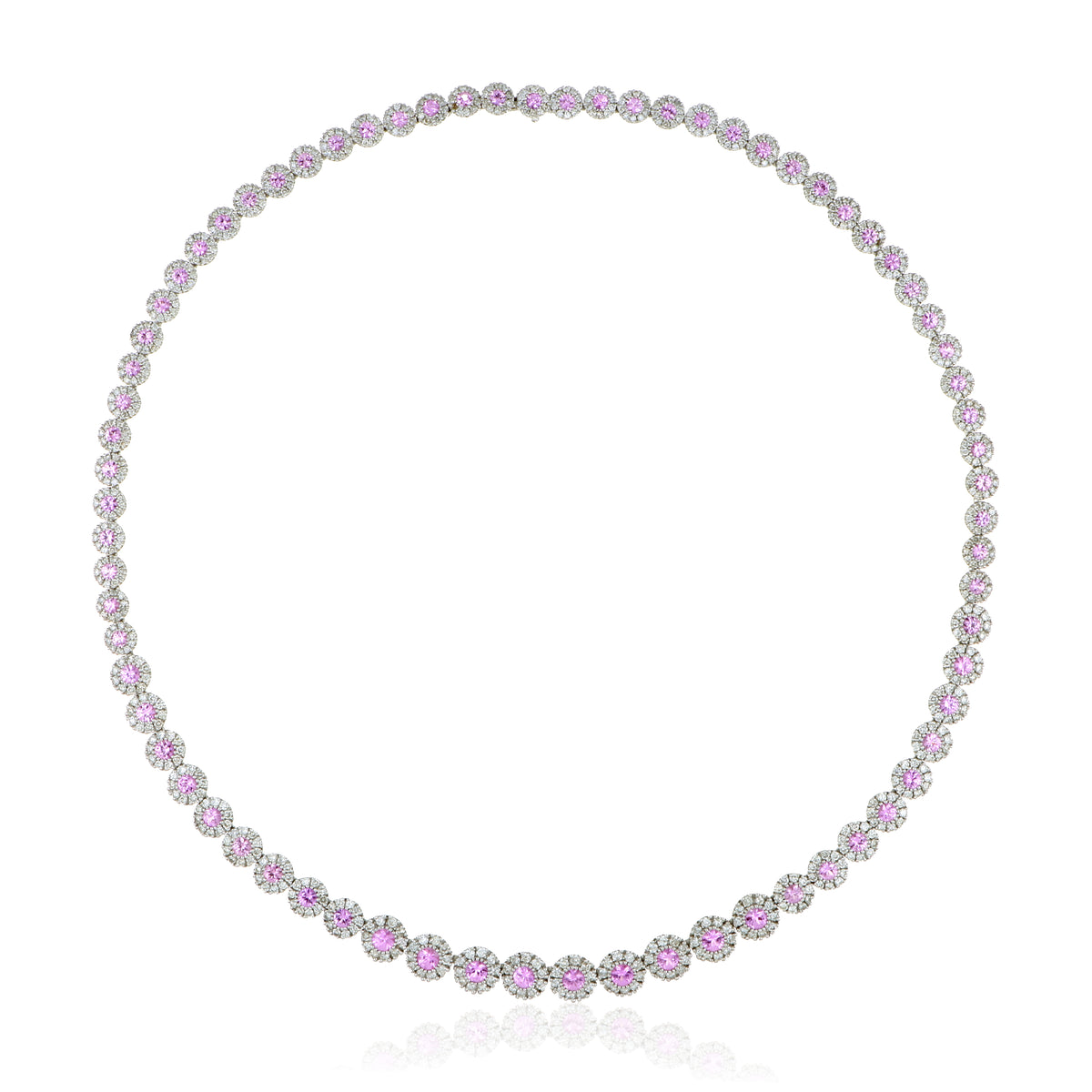 14k White Gold Pink Sapphire and Diamond Halo Necklace