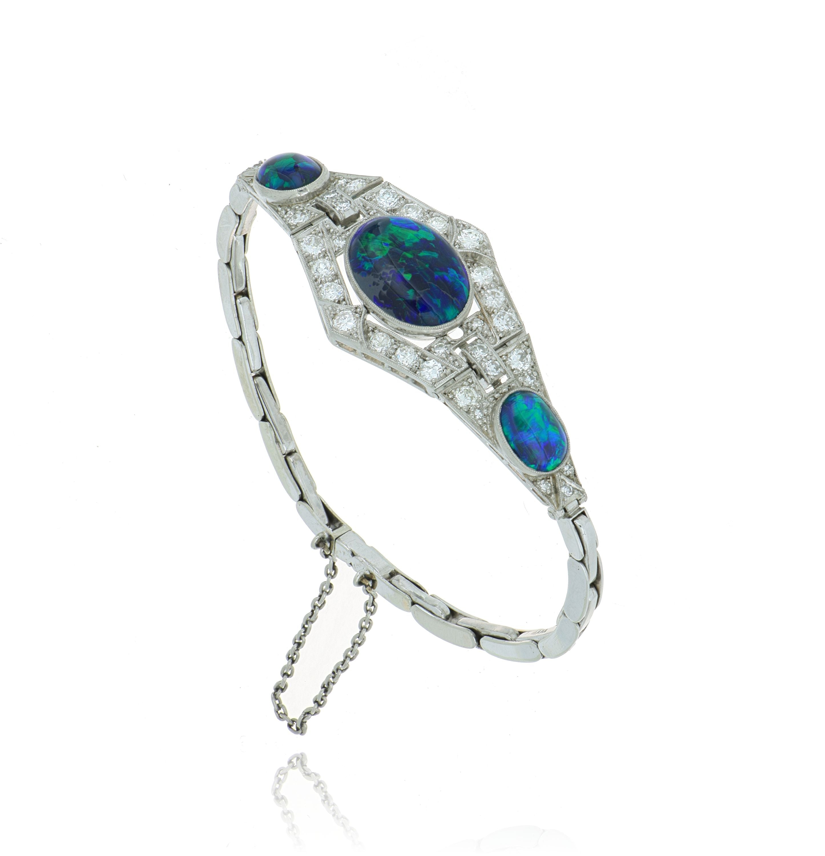 18k White Gold and Platinum GIA Certified Natural Black Opal and Diamond Accented Bracelet - Charles Koll Jewelers