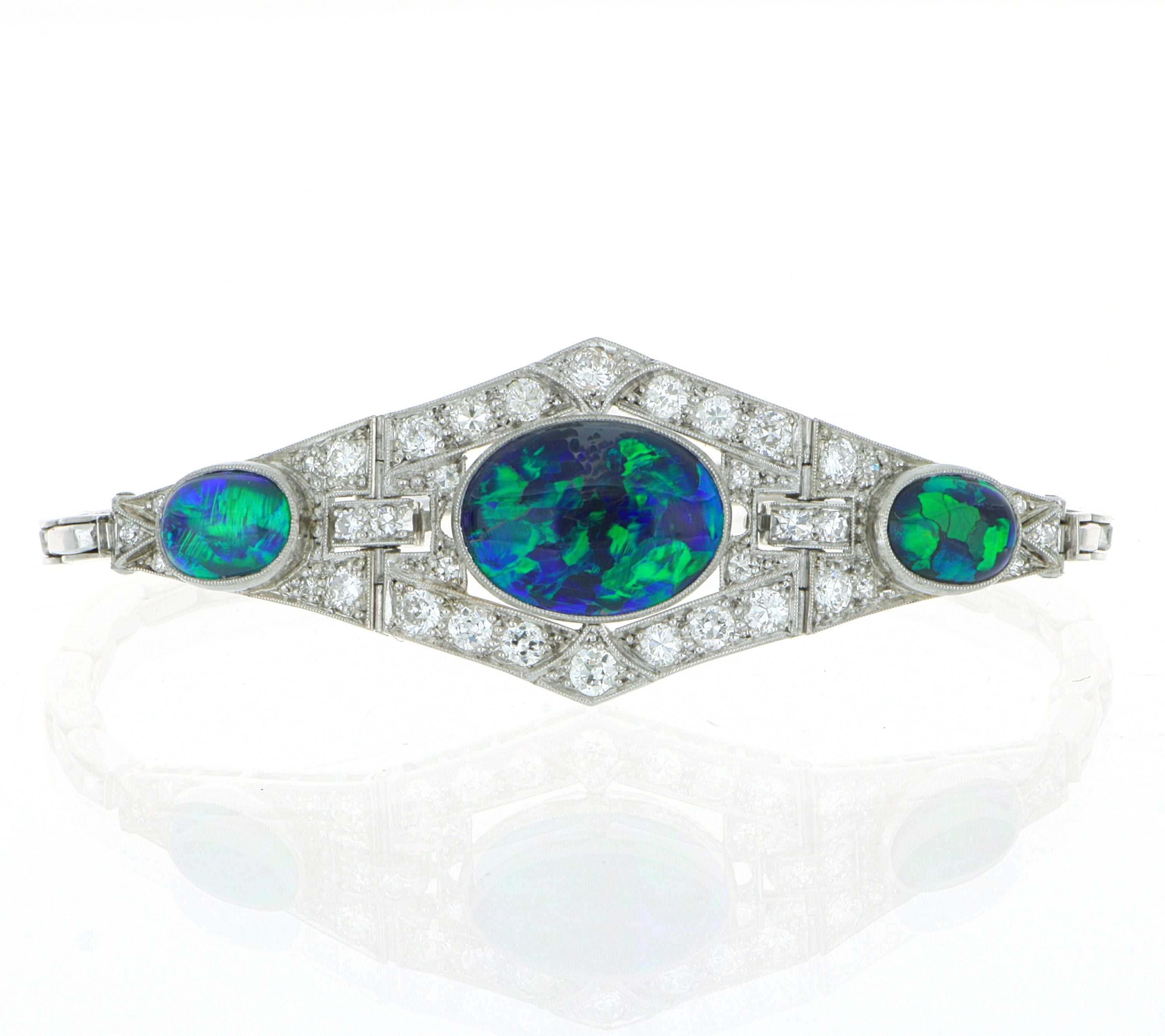 18k White Gold and Platinum GIA Certified Natural Black Opal and Diamond Accented Bracelet - Charles Koll Jewelers