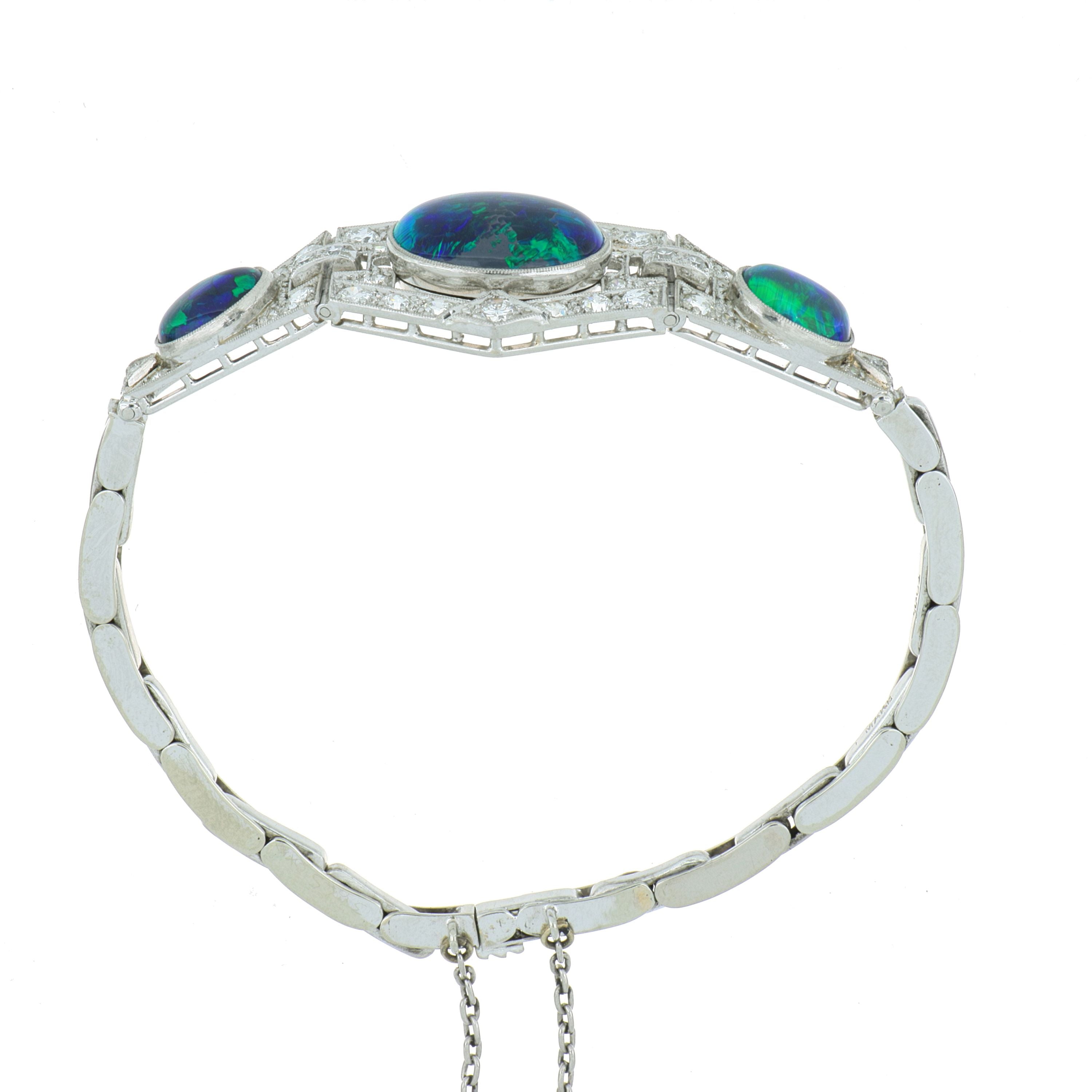 18k White Gold and Platinum GIA Certified Natural Black Opal and Diamond Accented Bracelet - Charles Koll Jewelers