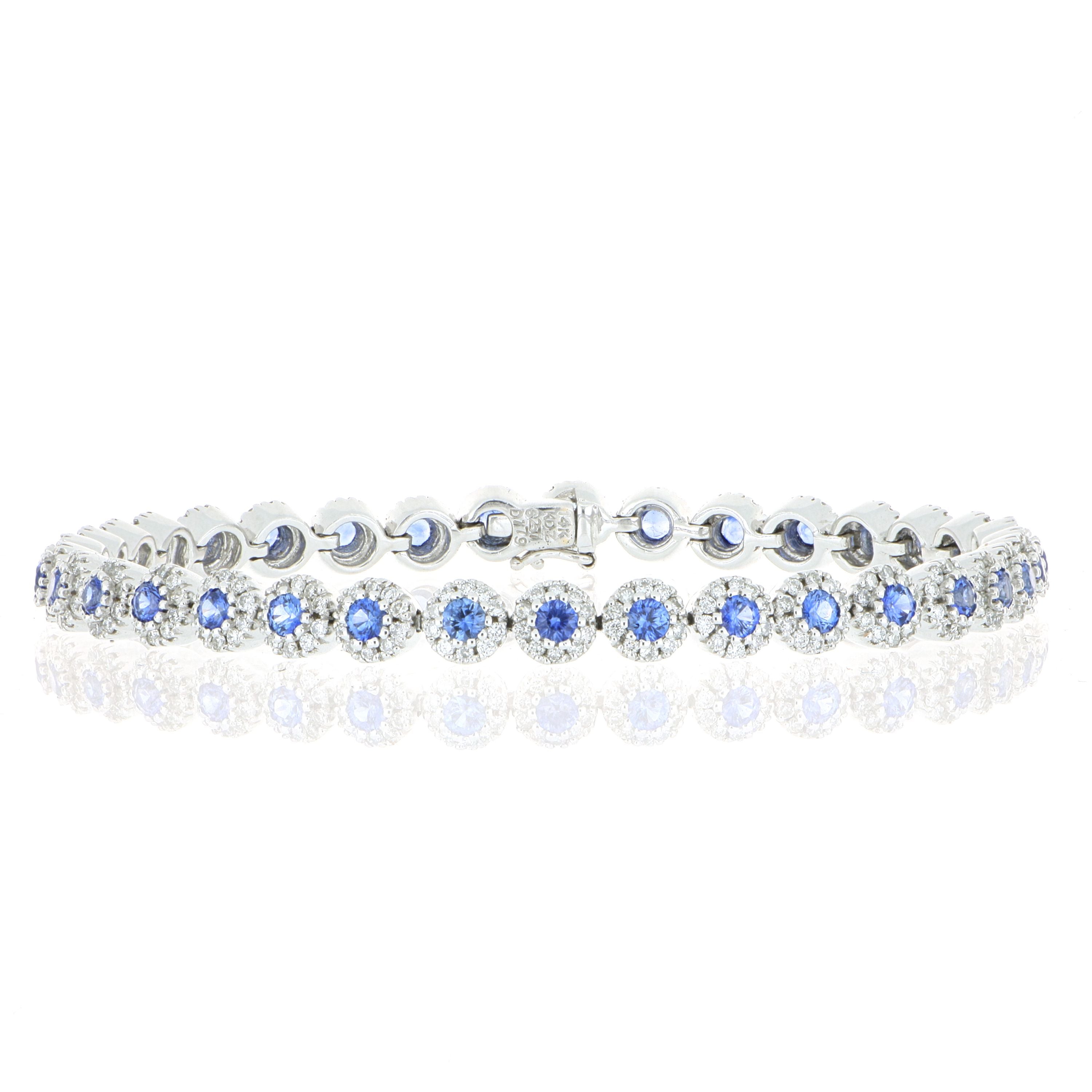 14k White Gold Blue Sapphire and Diamond Halo Tennis Bracelet - Charles Koll Jewelers