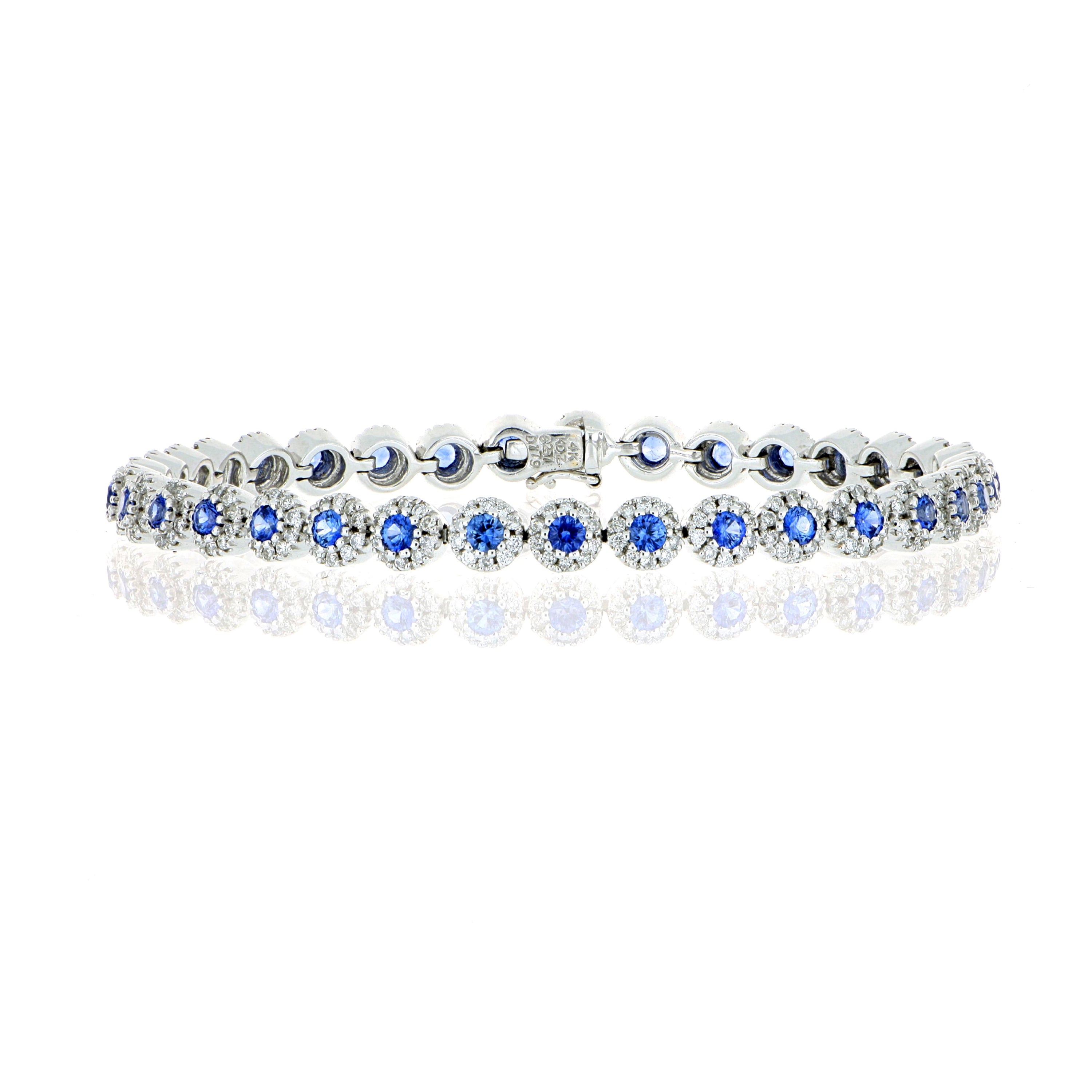 14k White Gold Blue Sapphire and Diamond Halo Tennis Bracelet