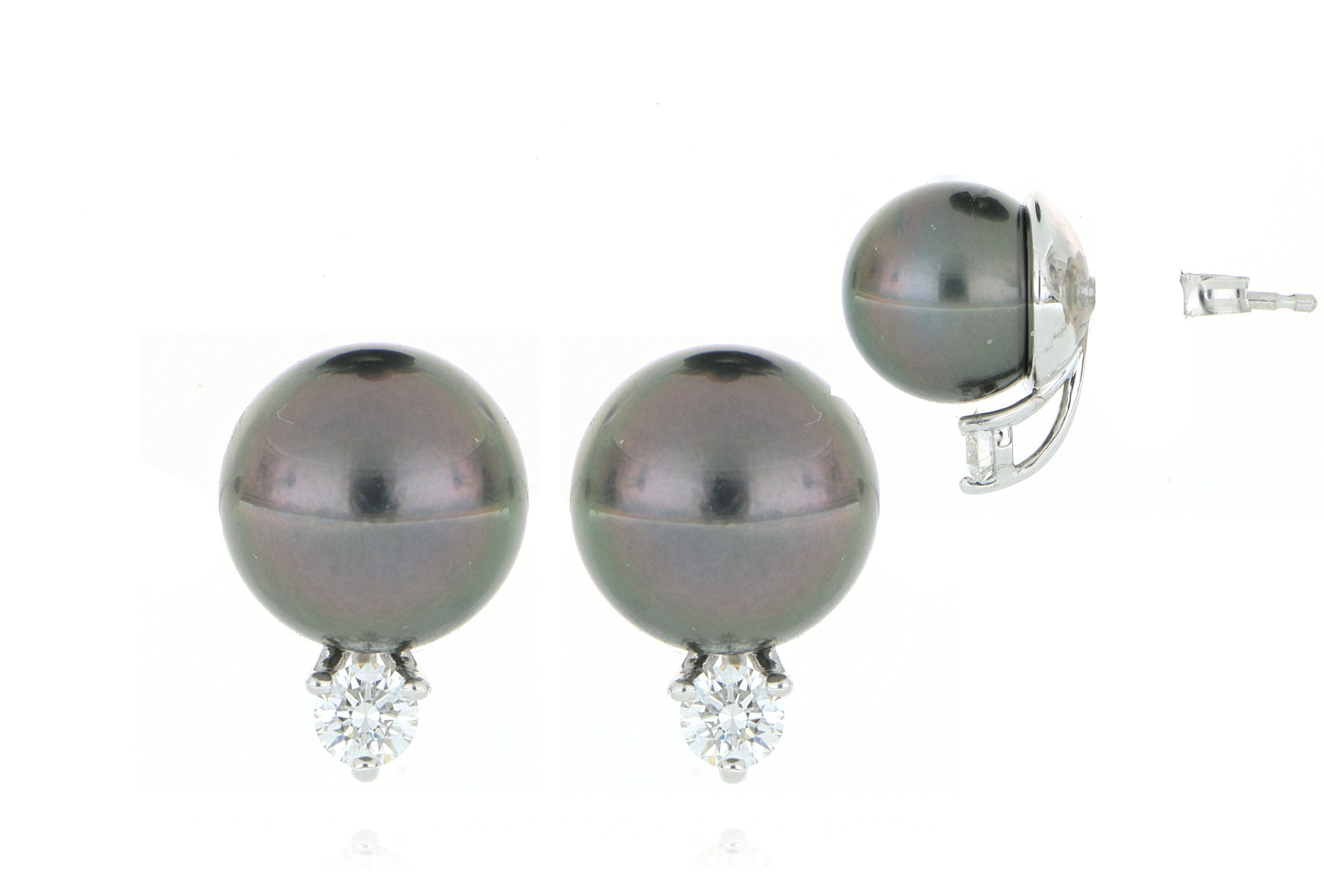 18k White Gold Tahitian Pearl and Diamond Studs - Charles Koll Jewelers