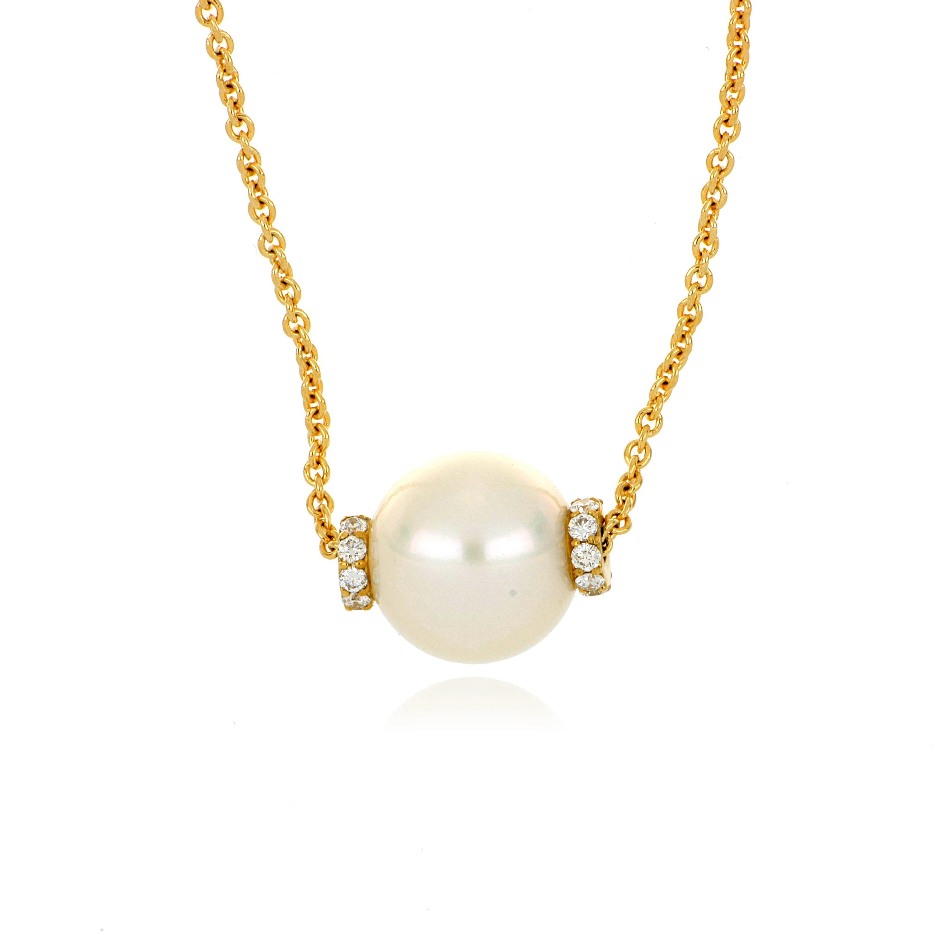 18k Yellow Gold Diamond Accented Pearl Necklace