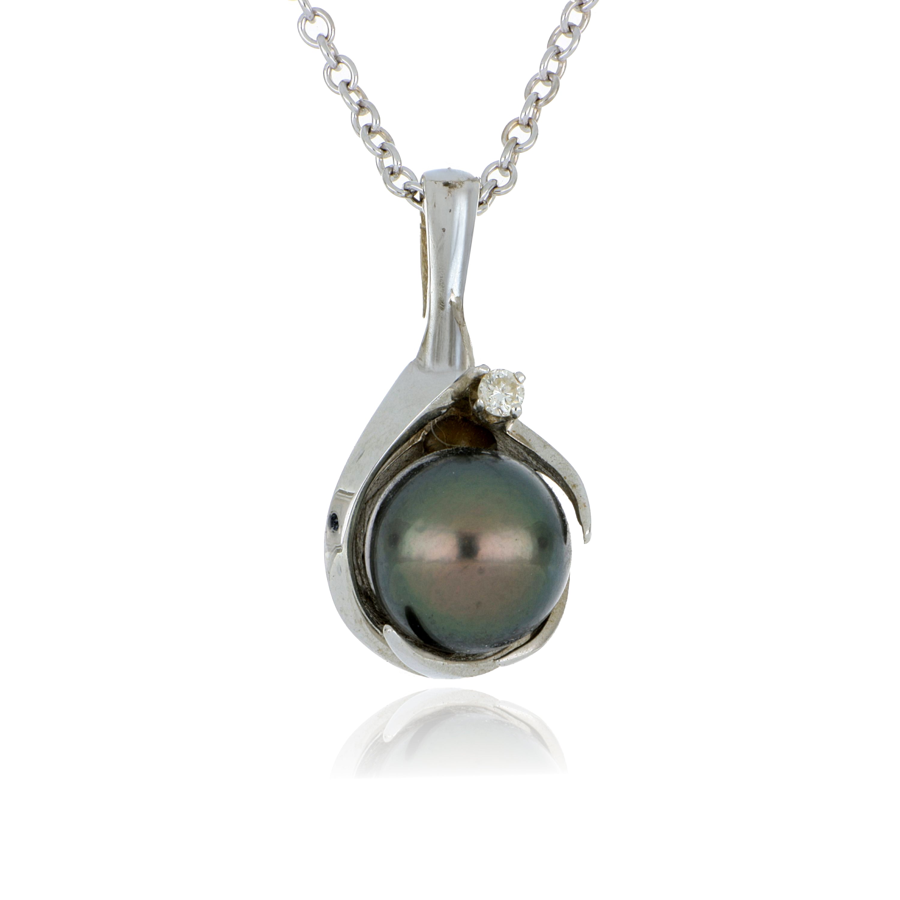 14k White Gold Pearl and Diamond Accented Pendant