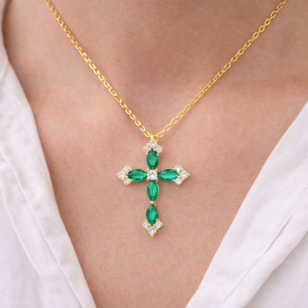 18k Yellow Gold Emerald and Diamond Cross Necklace