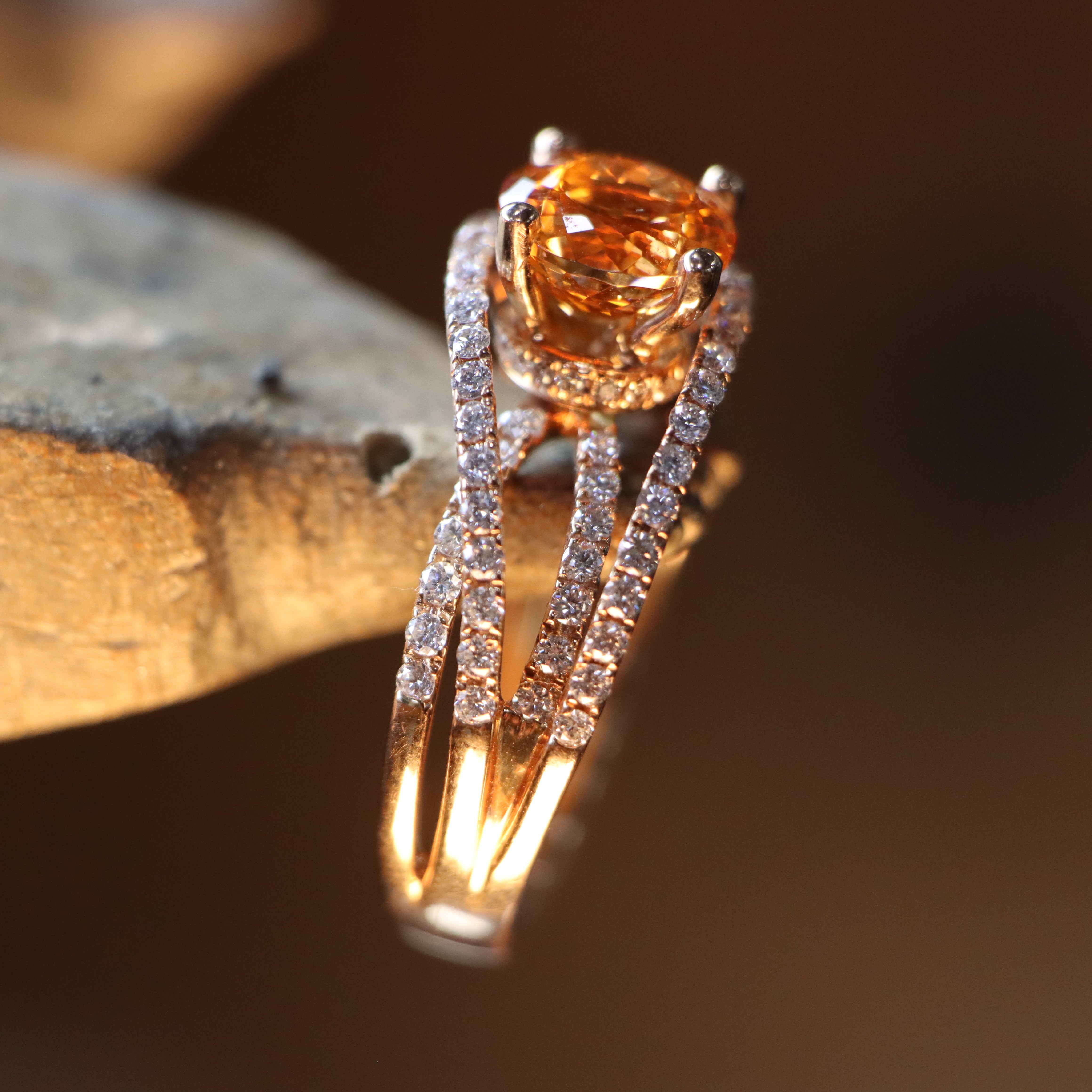 18k Rose Gold Orange Garnet and Diamond Ring