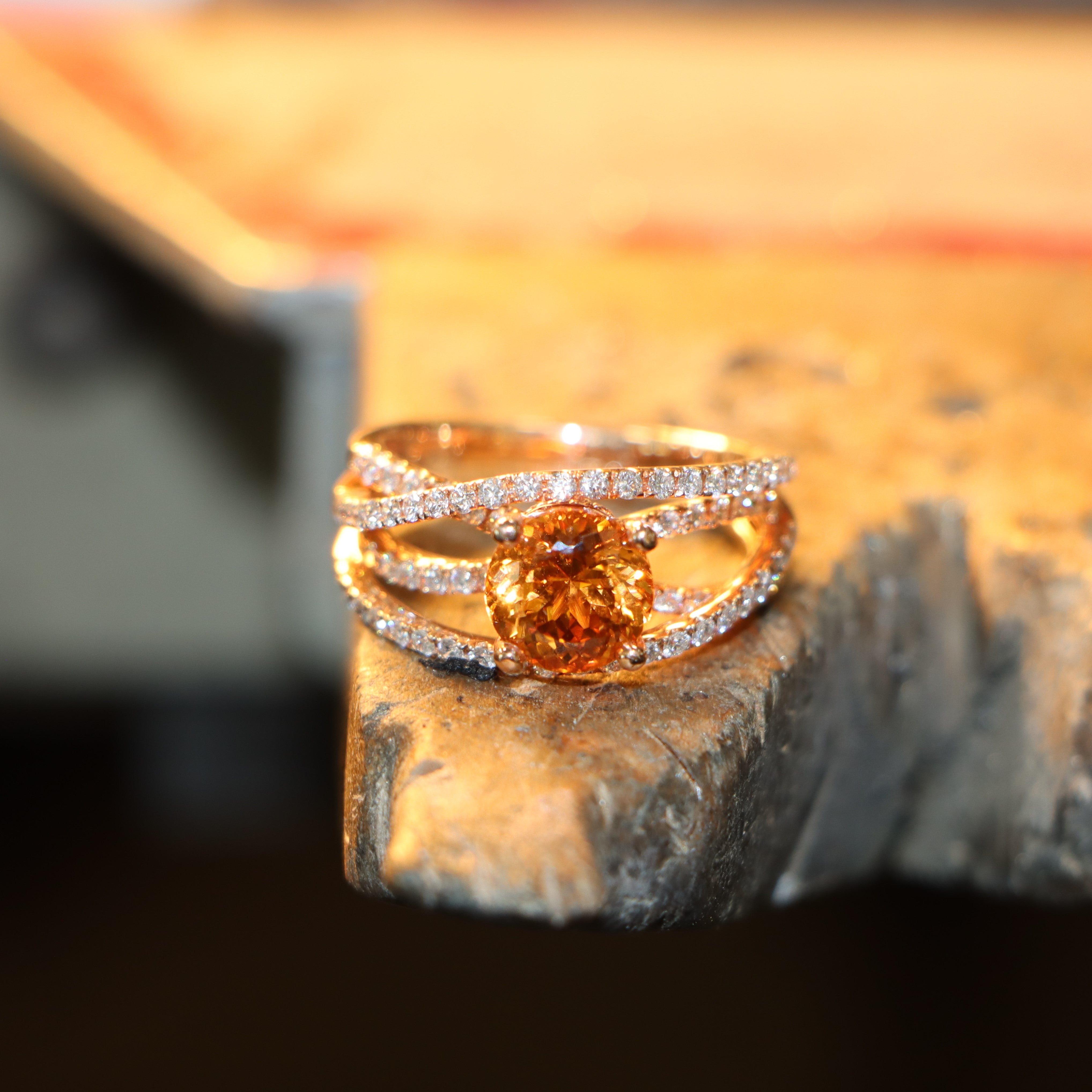 18k Rose Gold Orange Garnet and Diamond Ring