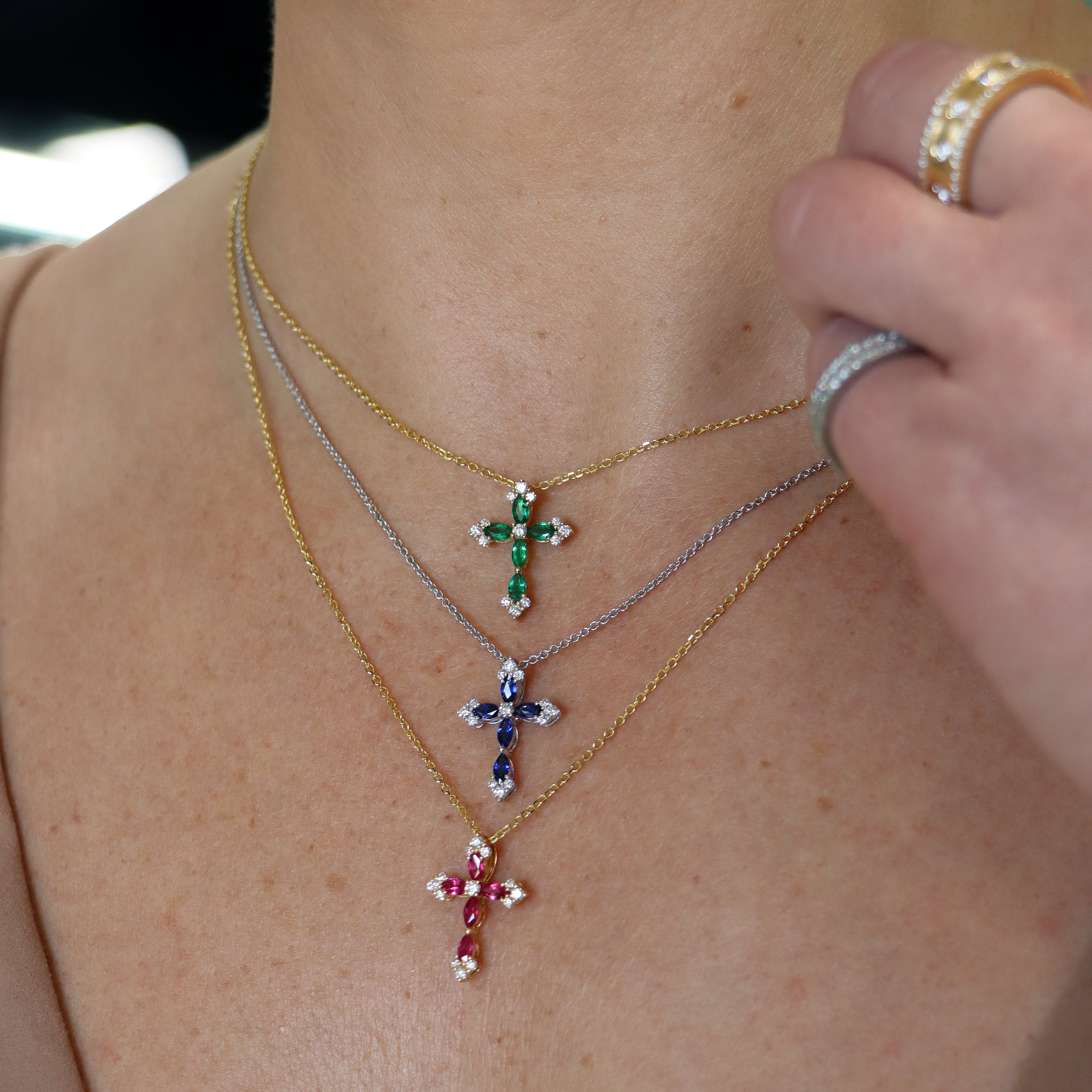 18k Yellow Gold Ruby and Diamond Cross Necklace