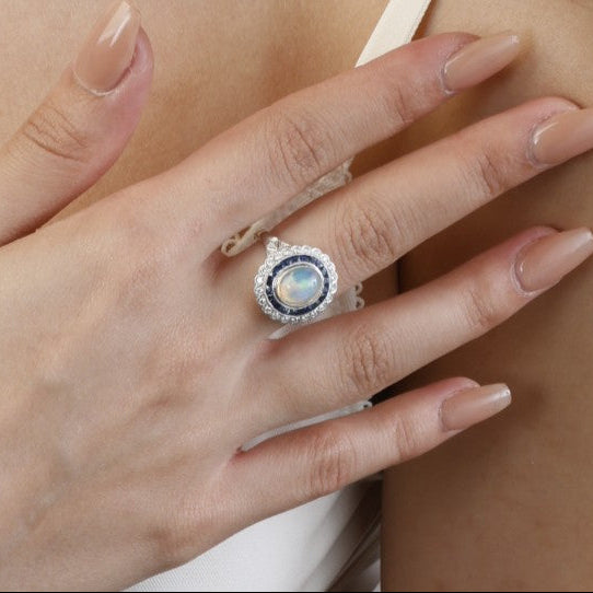 18k White Gold Opal, Sapphire and Diamond Ring - Charles Koll Jewelers