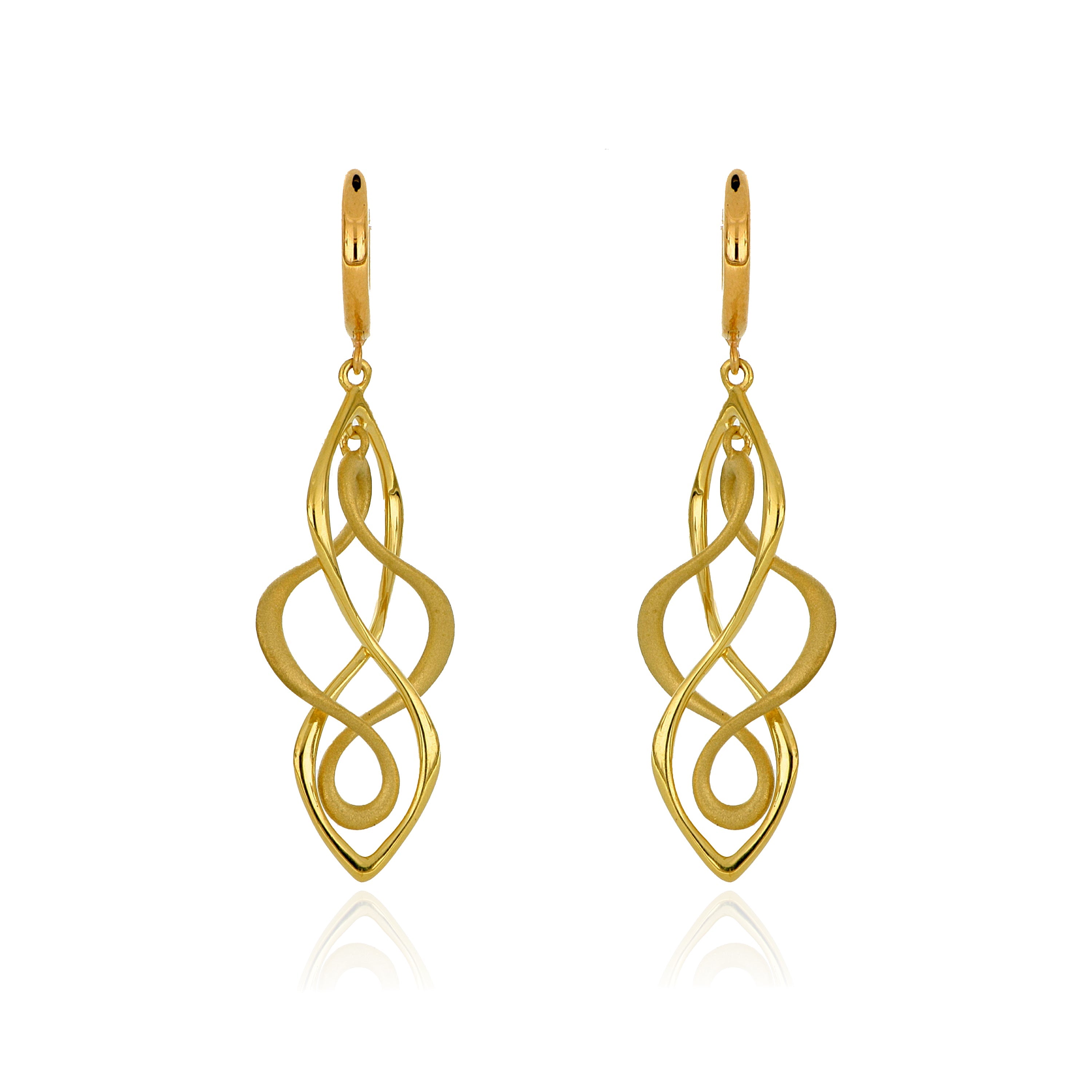 Charles Koll Jewelry Works 18k yellow gold infinity dangle earrings with a polished and matte finish.