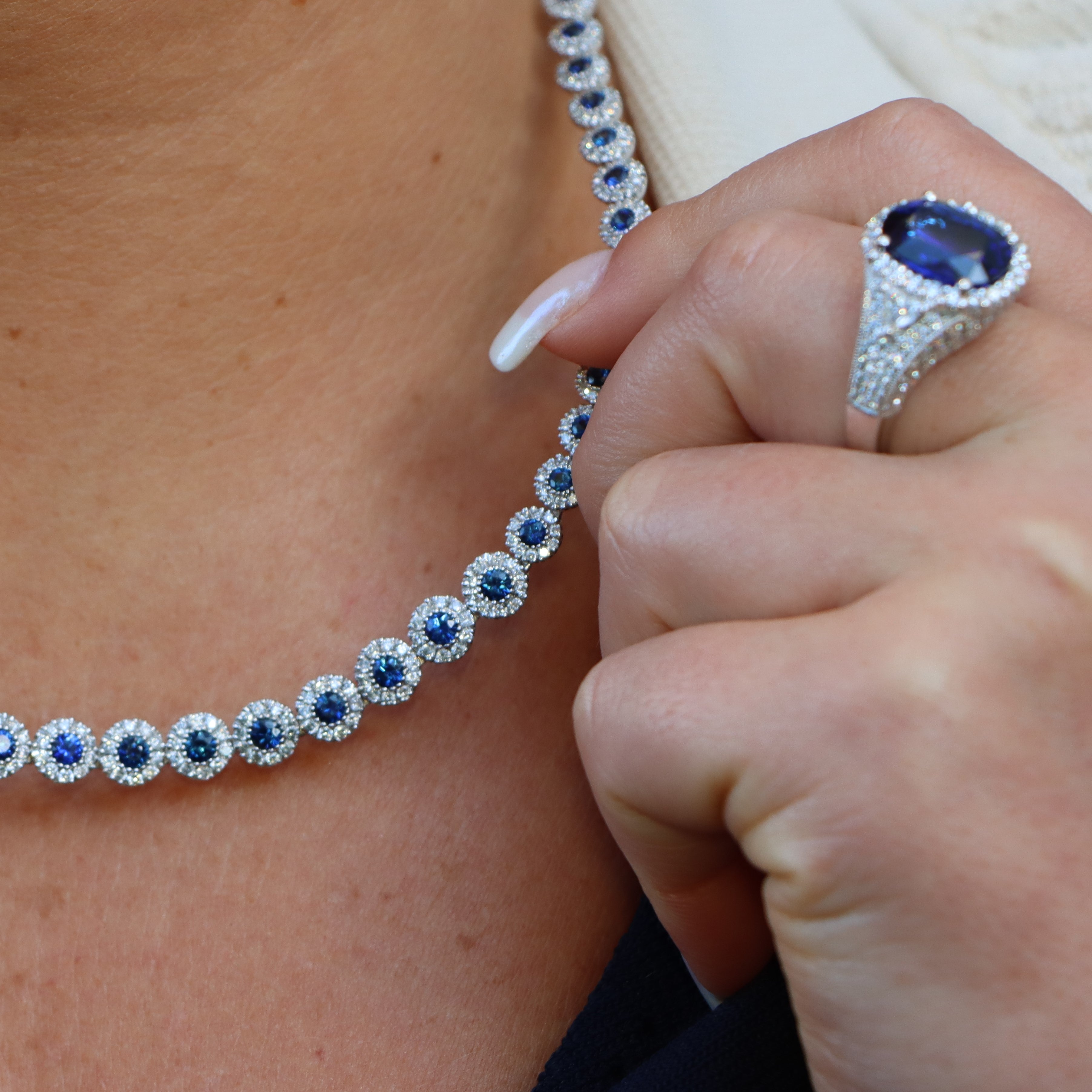 14k White Gold Blue Sapphire and Diamond Halo Tennis Necklace