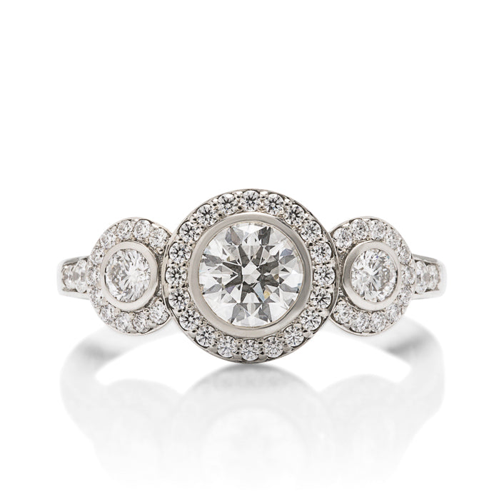 Round Three Stone Halo Engagement Ring - Charles Koll Jewellers