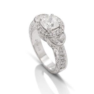 Cushion Three Stone Halo Engagement Ring - Charles Koll Jewellers