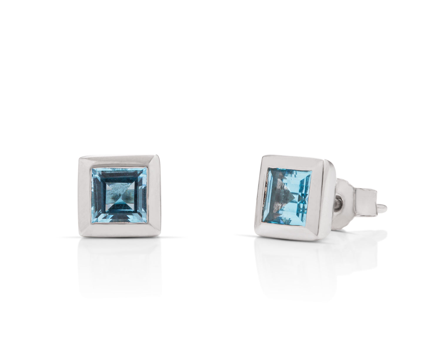 18k White Gold Large Square Blue Topaz Bezel Stud Earrings - Charles Koll Jewellers