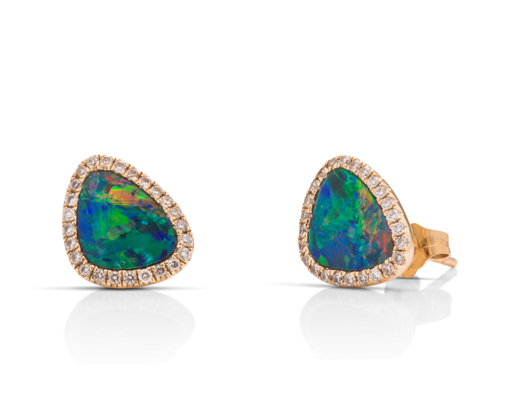 Australian Opal Doublet & Diamond 14k GOld Stud Earrings - Charles Koll Jewellers